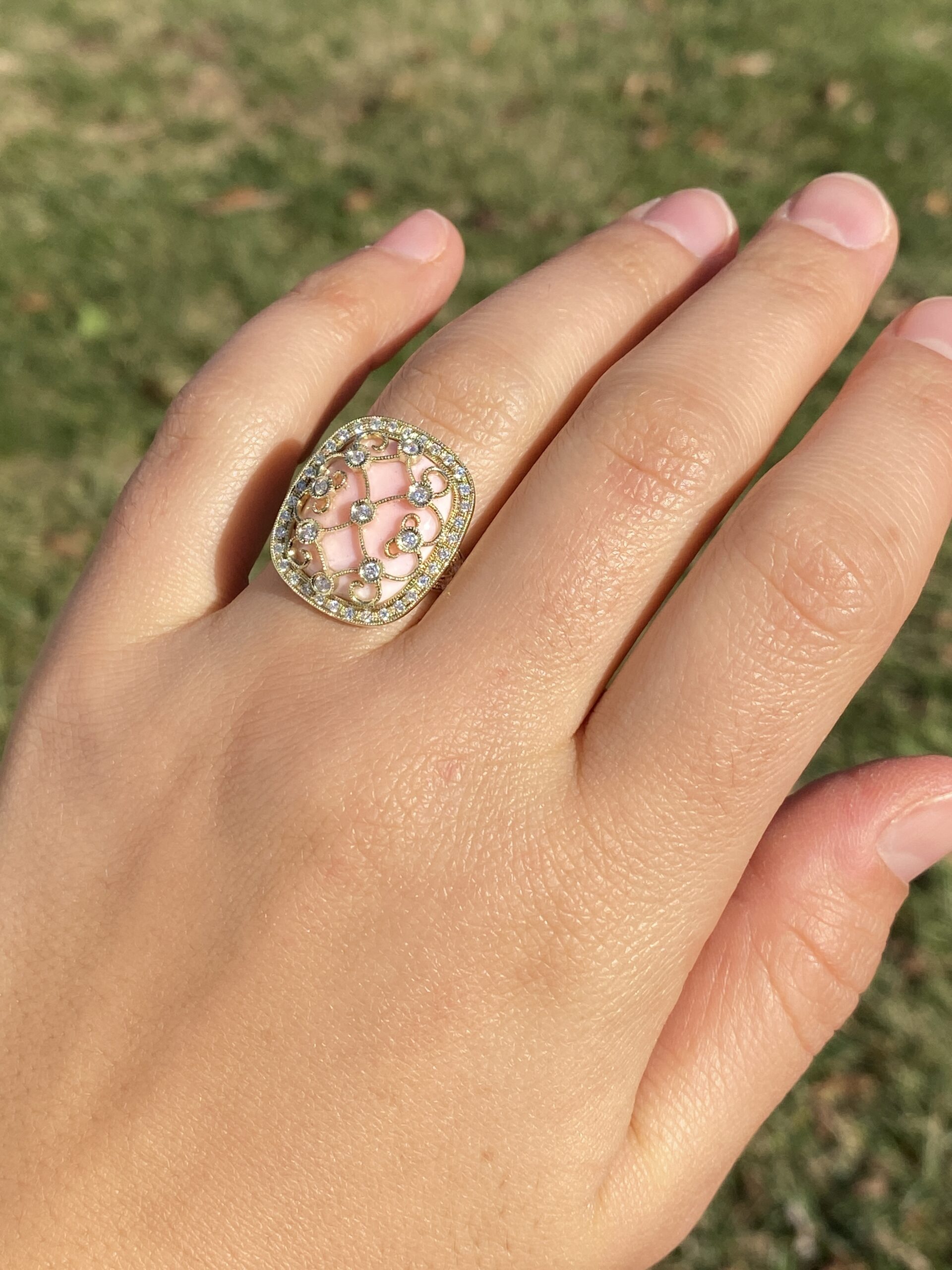The 154th Avenue: Pink Coral and Natural Diamond Cocktail Ring in Yellow Gold - Image 9