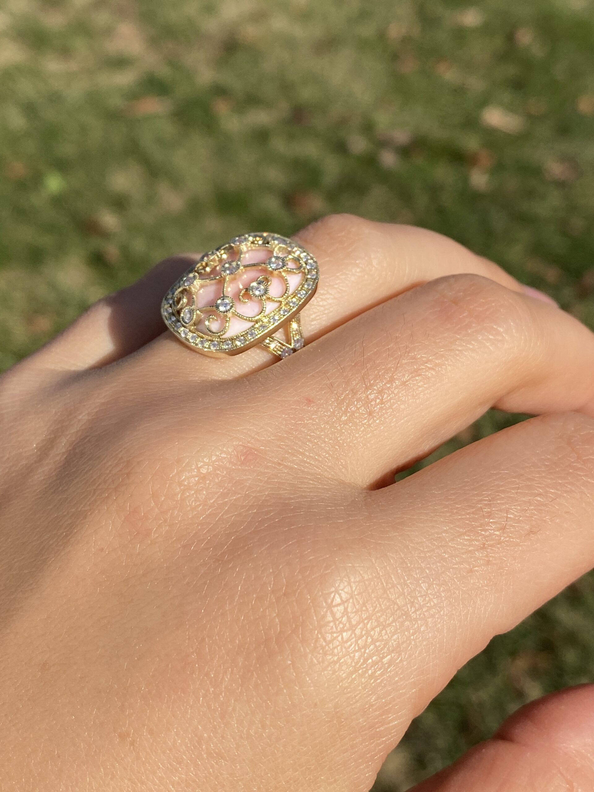 The 154th Avenue: Pink Coral and Natural Diamond Cocktail Ring in Yellow Gold - Image 10