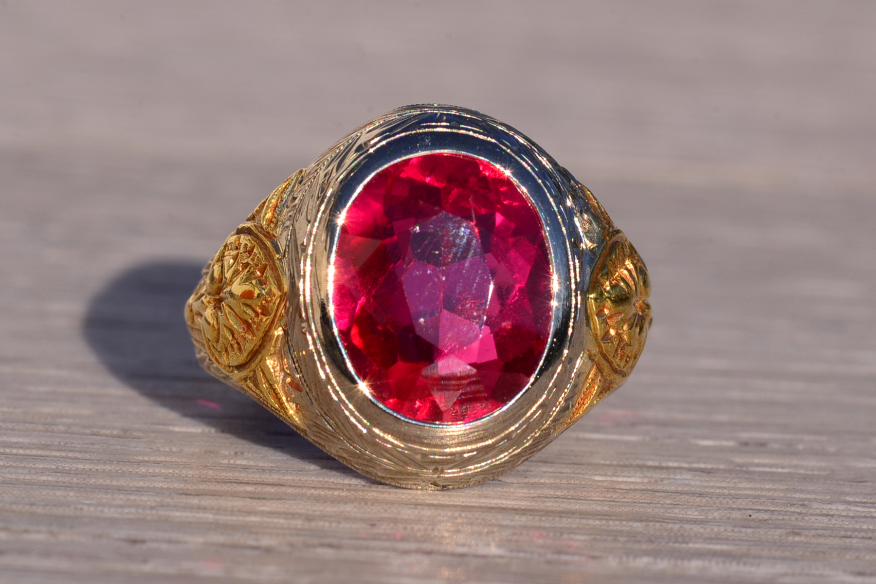 SOLD - The 141st Avenue: Art Deco Era Gentlemans Lab Ruby Ring in White and Yellow Gold with Hand Engraving - Image 2