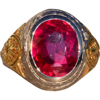 SOLD - The 141st Avenue: Art Deco Era Gentlemans Lab Ruby Ring in White and Yellow Gold with Hand Engraving