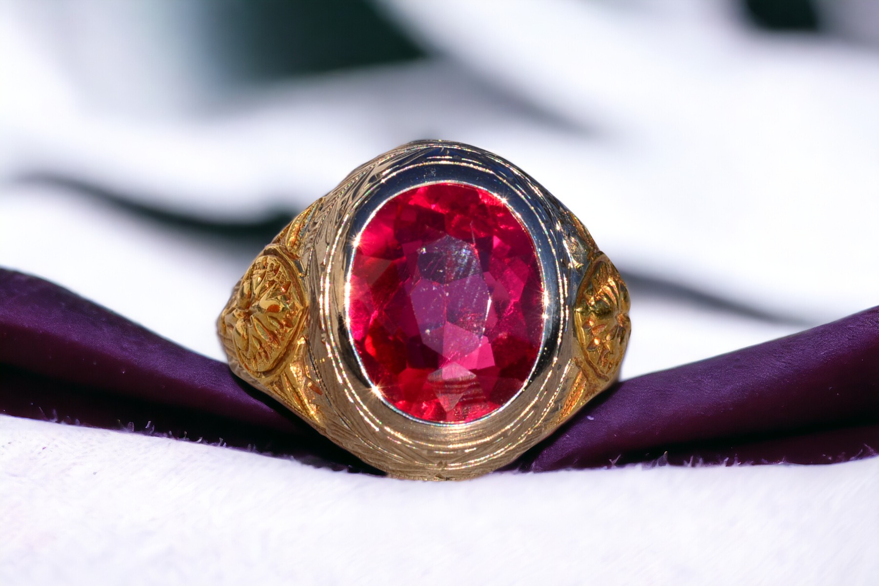 SOLD - The 141st Avenue: Art Deco Era Gentlemans Lab Ruby Ring in White and Yellow Gold with Hand Engraving - Image 12
