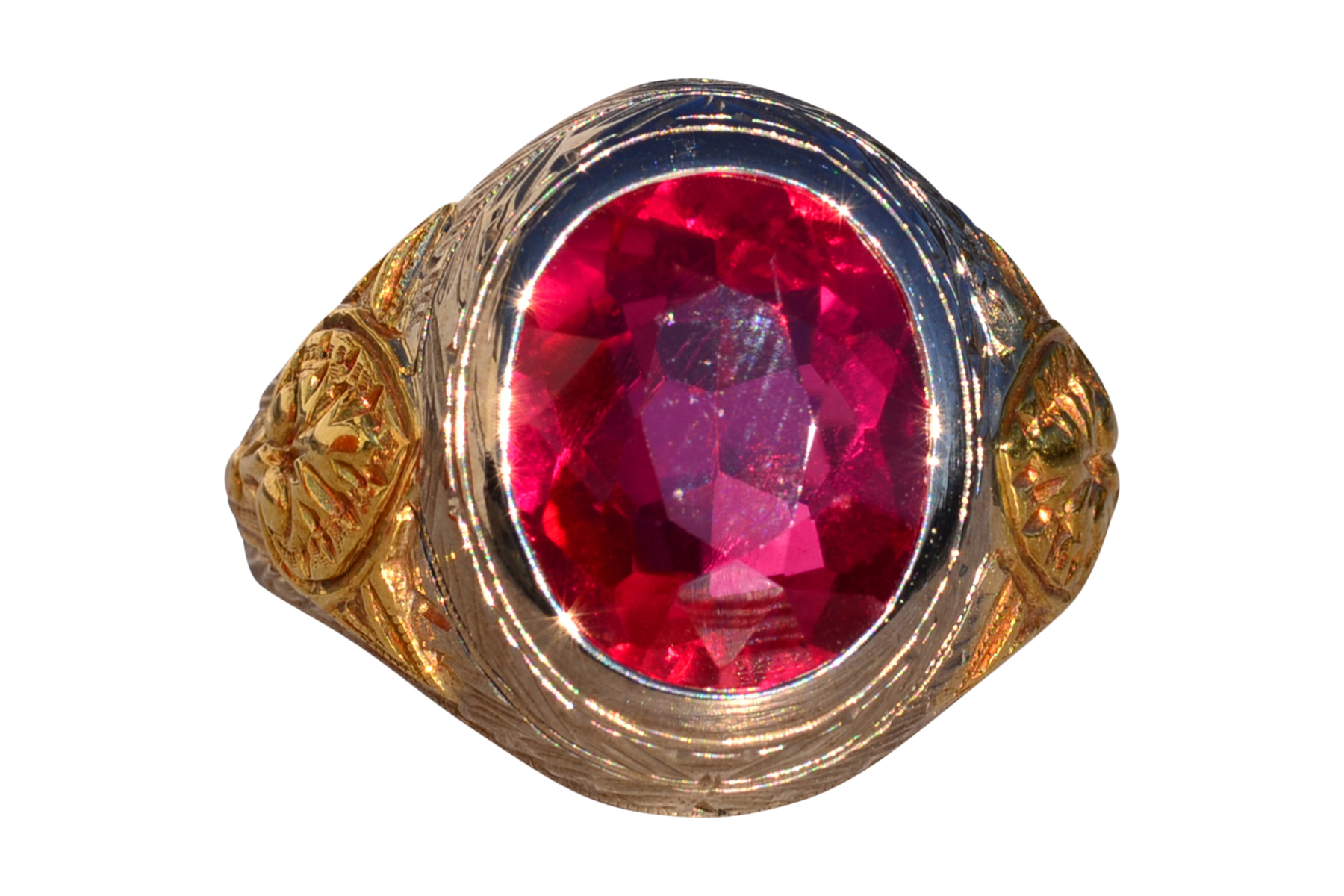 SOLD - The 141st Avenue: Art Deco Era Gentlemans Lab Ruby Ring in White and Yellow Gold with Hand Engraving