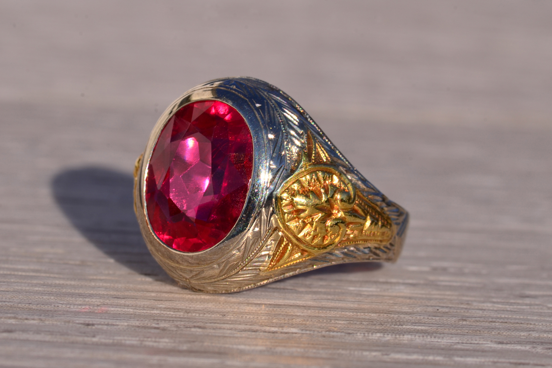 SOLD - The 141st Avenue: Art Deco Era Gentlemans Lab Ruby Ring in White and Yellow Gold with Hand Engraving - Image 3