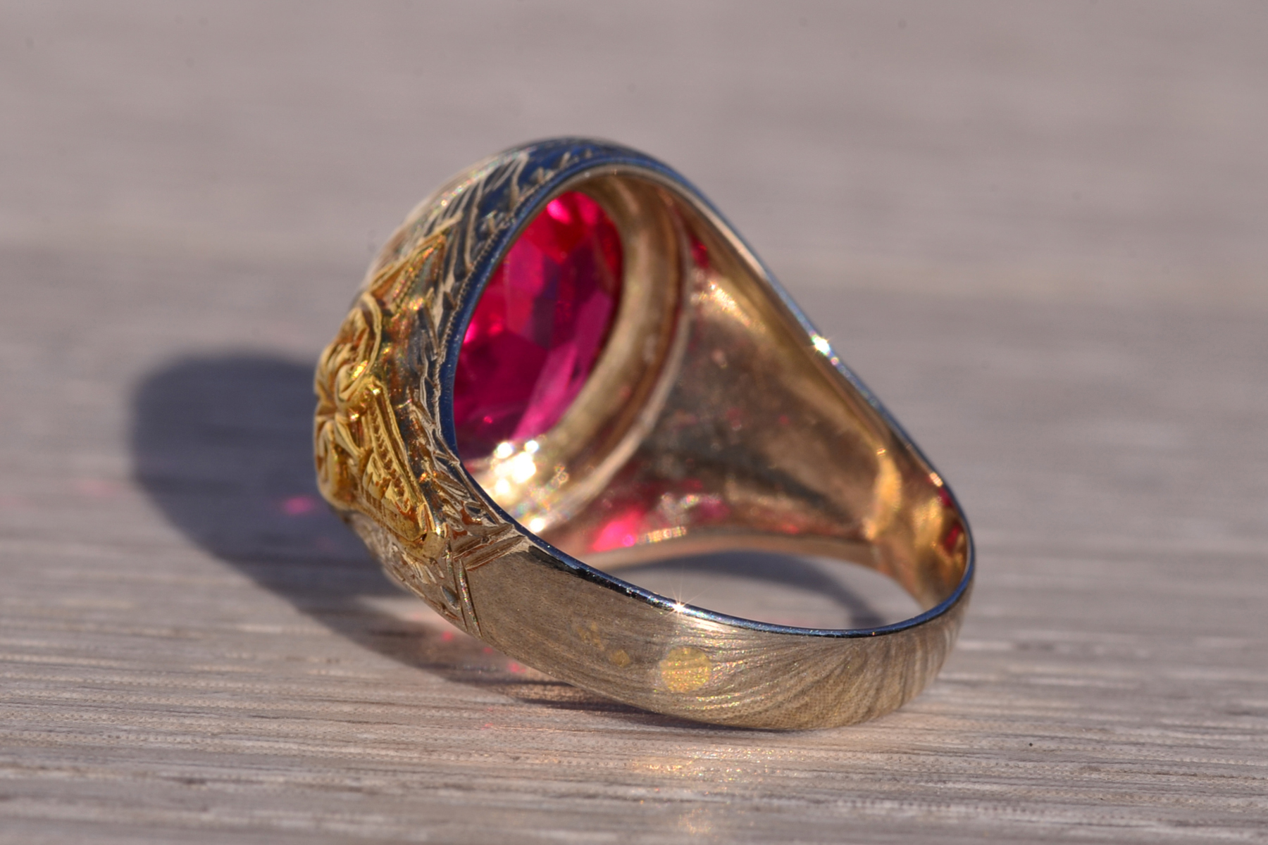 SOLD - The 141st Avenue: Art Deco Era Gentlemans Lab Ruby Ring in White and Yellow Gold with Hand Engraving - Image 4