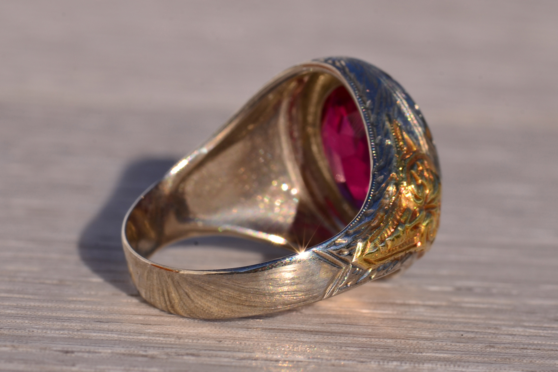 SOLD - The 141st Avenue: Art Deco Era Gentlemans Lab Ruby Ring in White and Yellow Gold with Hand Engraving - Image 5