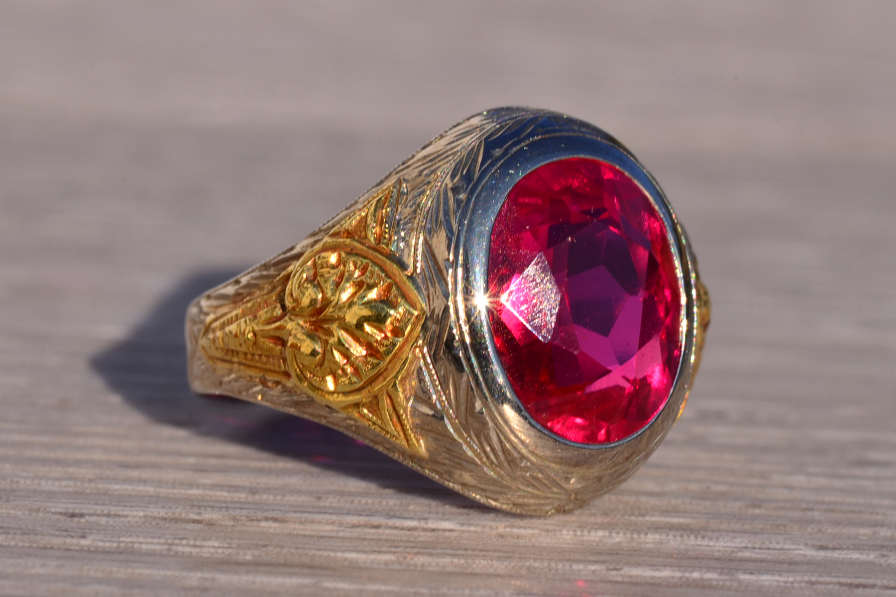 SOLD - The 141st Avenue: Art Deco Era Gentlemans Lab Ruby Ring in White and Yellow Gold with Hand Engraving - Image 6