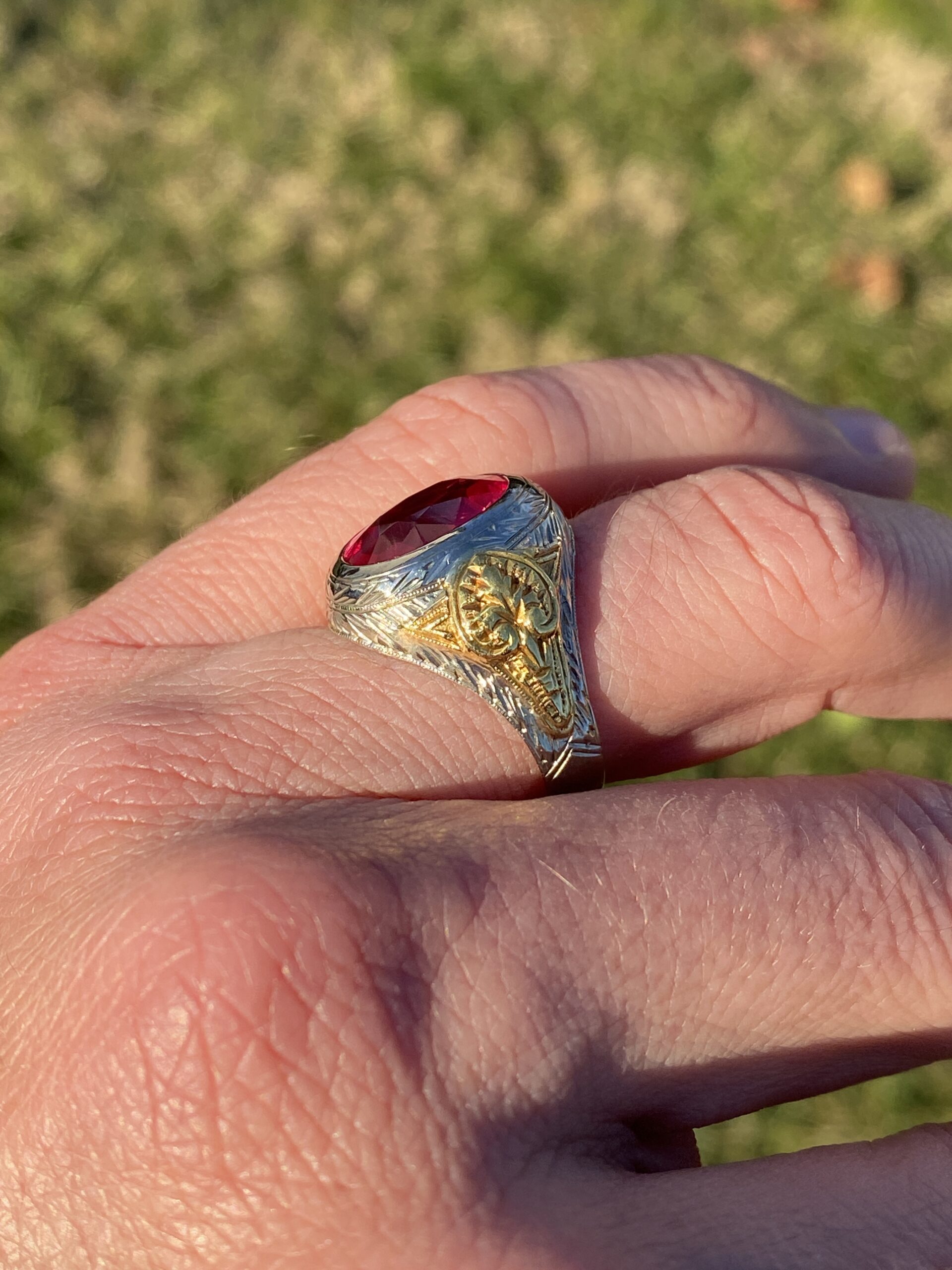SOLD - The 141st Avenue: Art Deco Era Gentlemans Lab Ruby Ring in White and Yellow Gold with Hand Engraving - Image 9