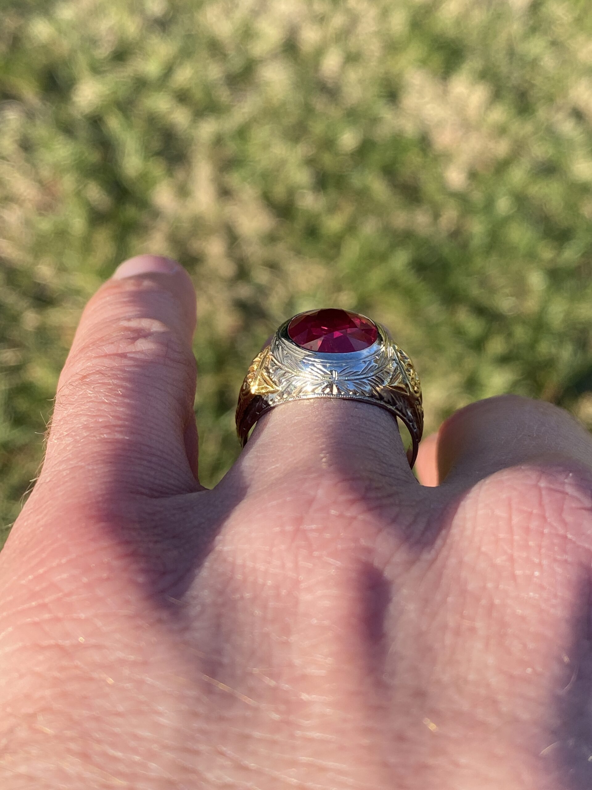 SOLD - The 141st Avenue: Art Deco Era Gentlemans Lab Ruby Ring in White and Yellow Gold with Hand Engraving - Image 10