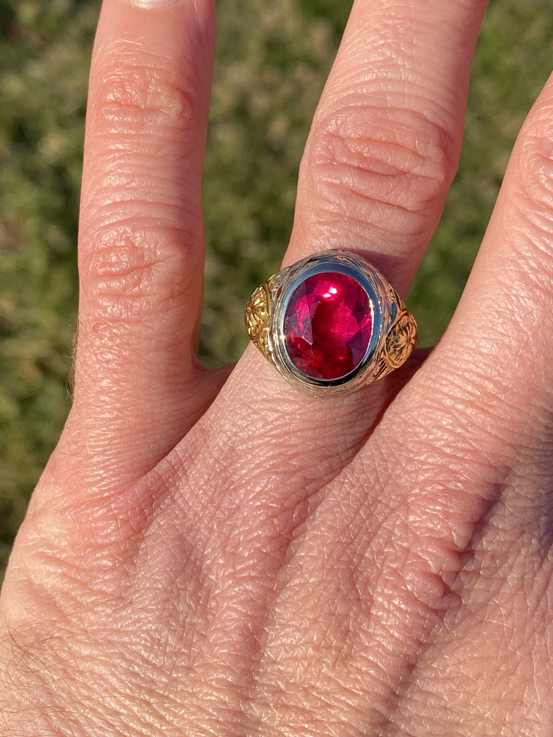 SOLD - The 141st Avenue: Art Deco Era Gentlemans Lab Ruby Ring in White and Yellow Gold with Hand Engraving - Image 11