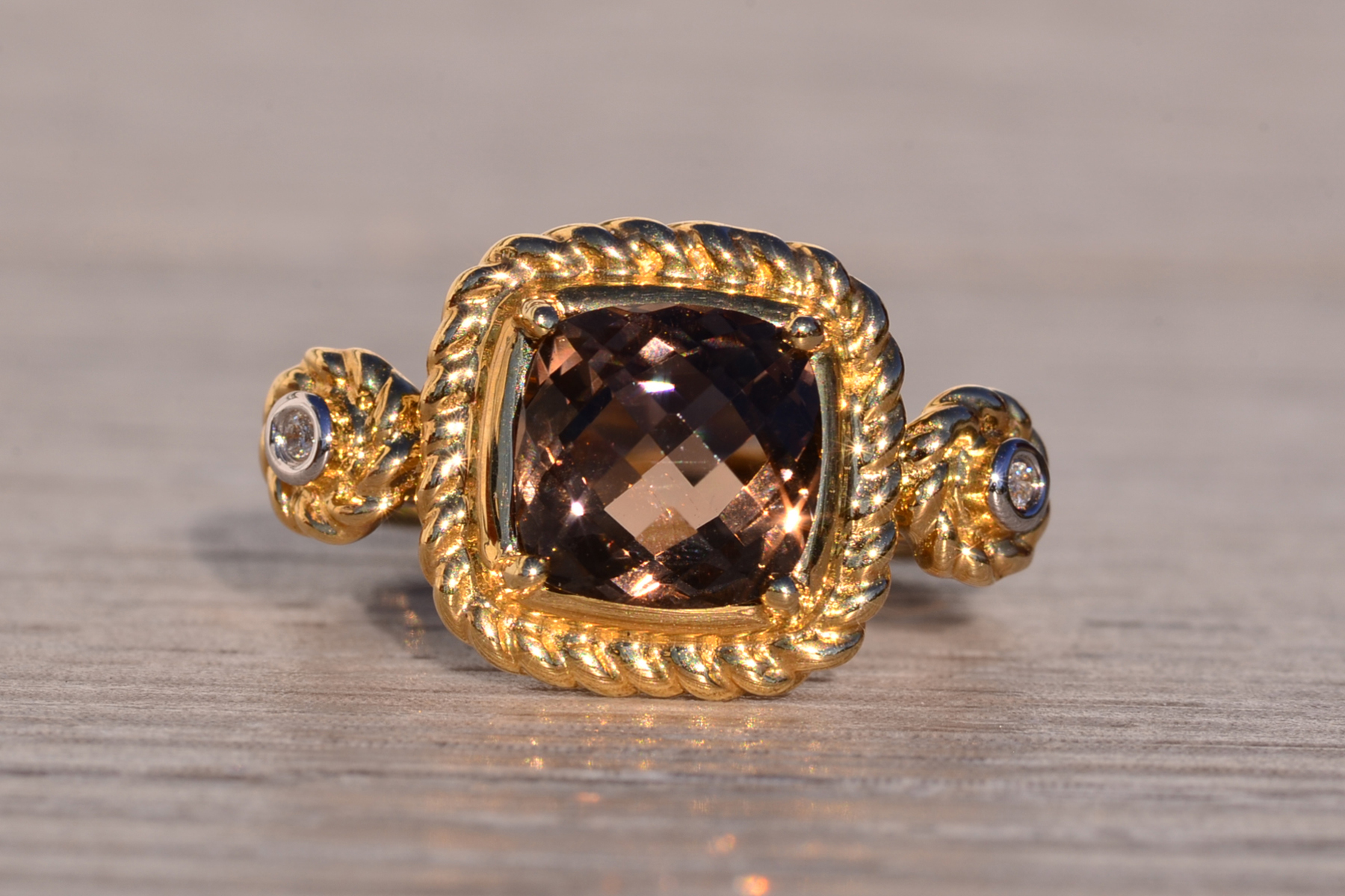 The 156th Avenue: Sophia Signed Cushion Checkerboard Cut Smokey Quartz and Natural Diamond Ring - Image 2