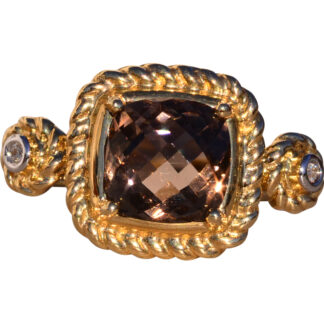 The 156th Avenue: Sophia Signed Cushion Checkerboard Cut Smokey Quartz and Natural Diamond Ring