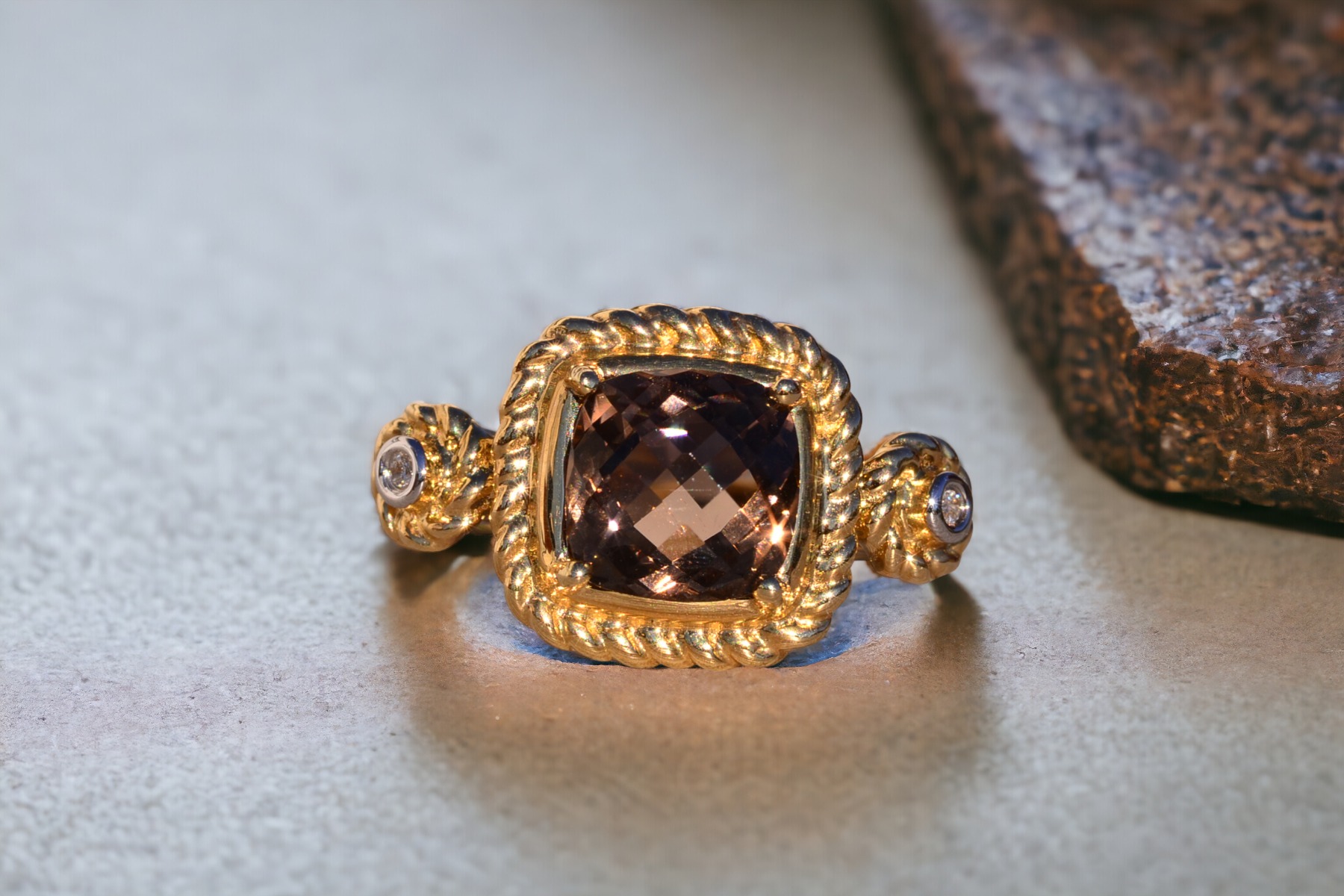 The 156th Avenue: Sophia Signed Cushion Checkerboard Cut Smokey Quartz and Natural Diamond Ring - Image 11