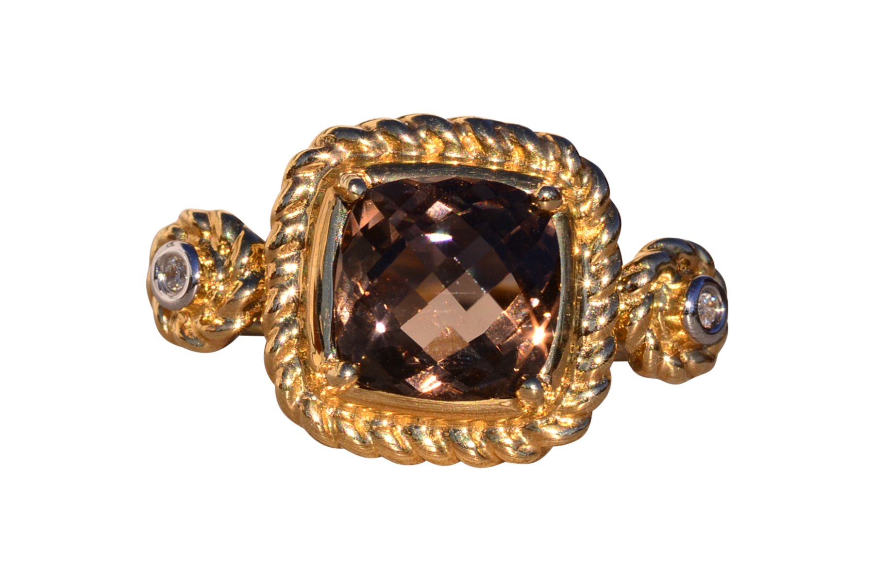 The 156th Avenue: Sophia Signed Cushion Checkerboard Cut Smokey Quartz and Natural Diamond Ring
