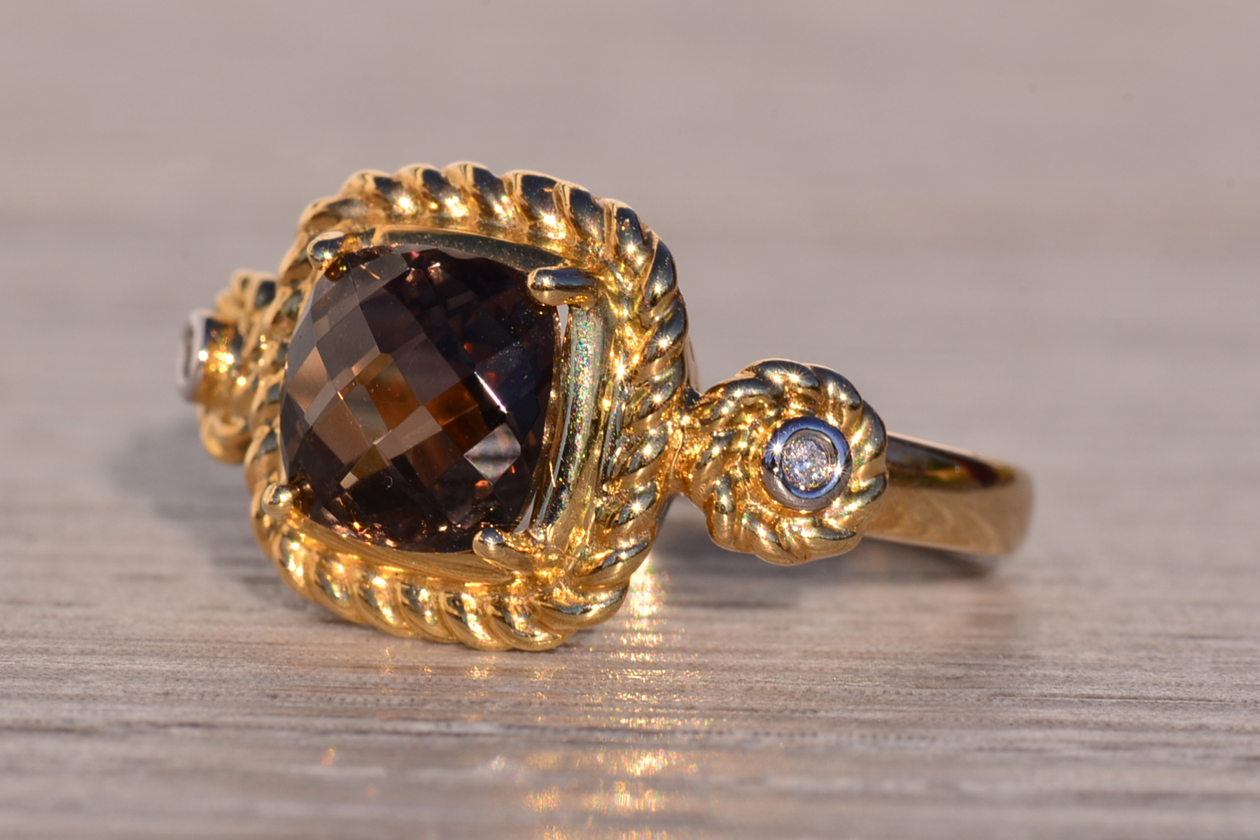 The 156th Avenue: Sophia Signed Cushion Checkerboard Cut Smokey Quartz and Natural Diamond Ring - Image 3