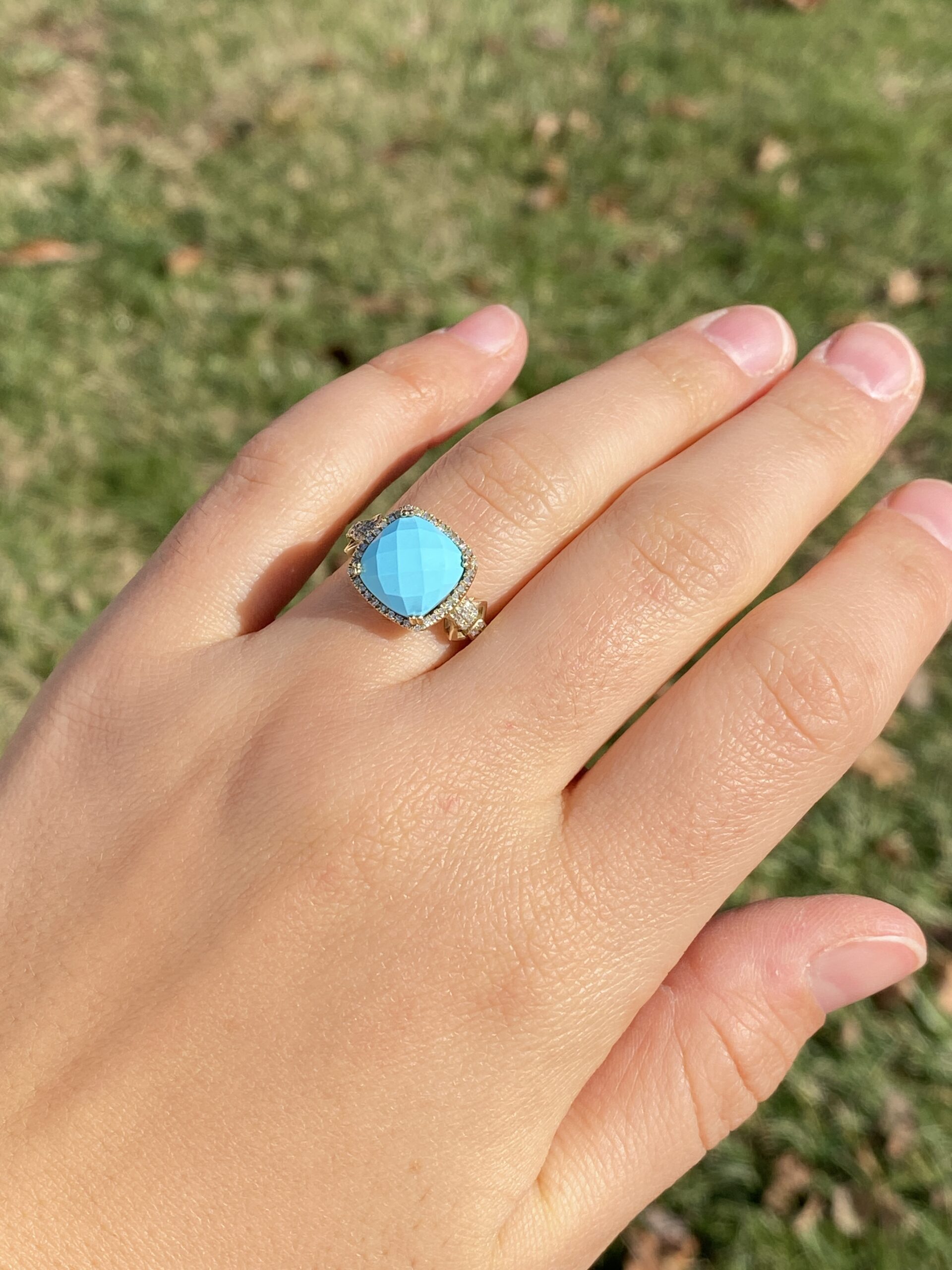 The 157th Avenue: Lab Created Robins Egg Blue Turquoise with Natural Diamonds in Yellow Gold - Image 9