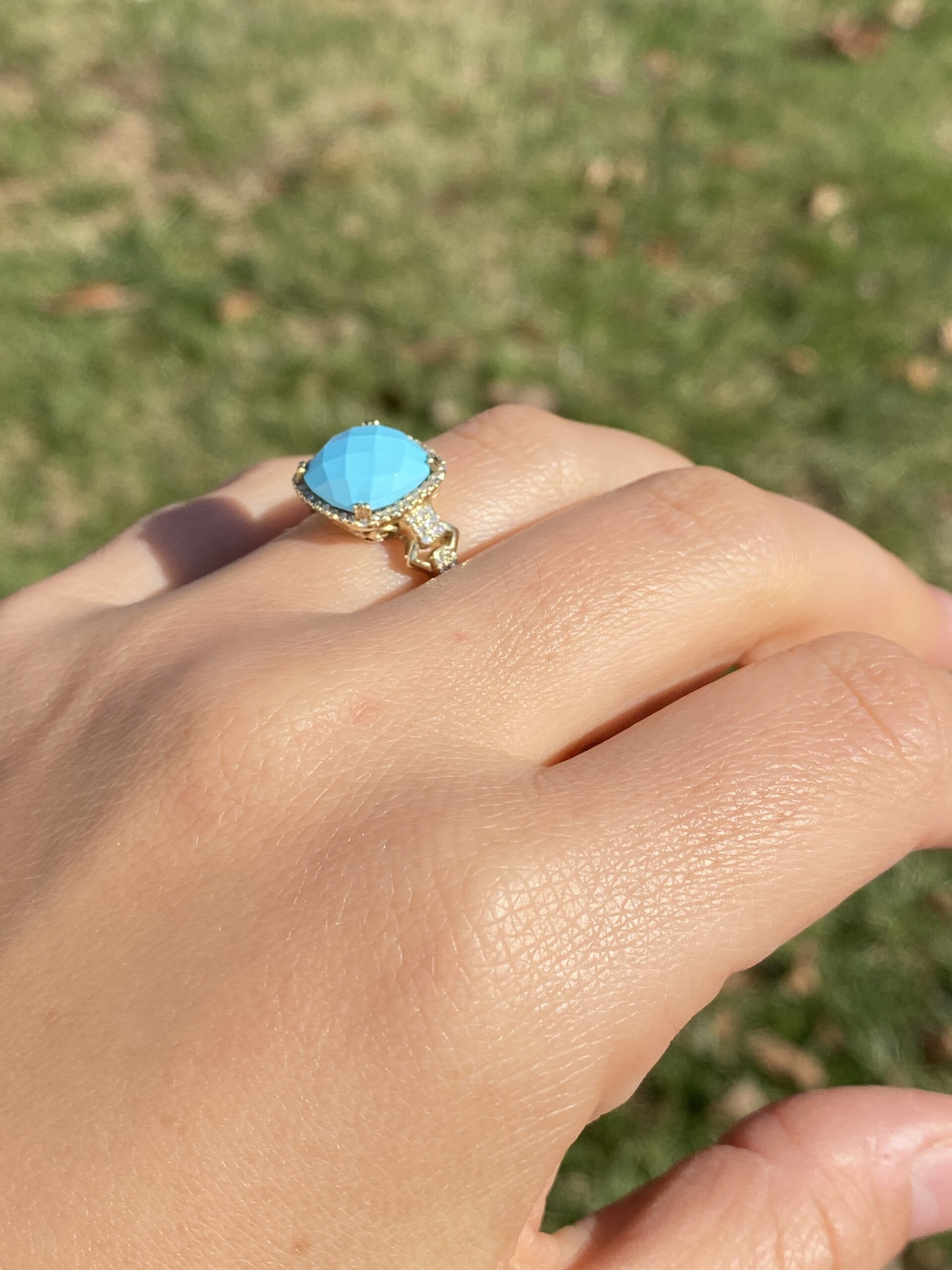 The 157th Avenue: Lab Created Robins Egg Blue Turquoise with Natural Diamonds in Yellow Gold - Image 10