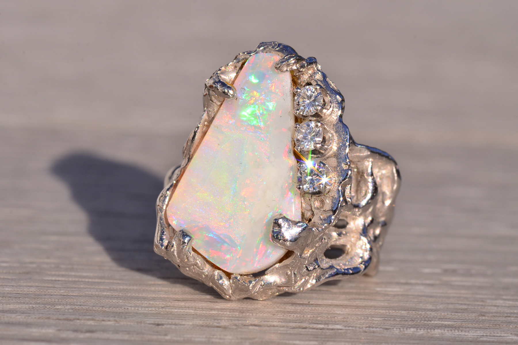 The 160th Avenue: Natural Australian Opal in Free Formed White Gold With Natural Diamonds - Image 3