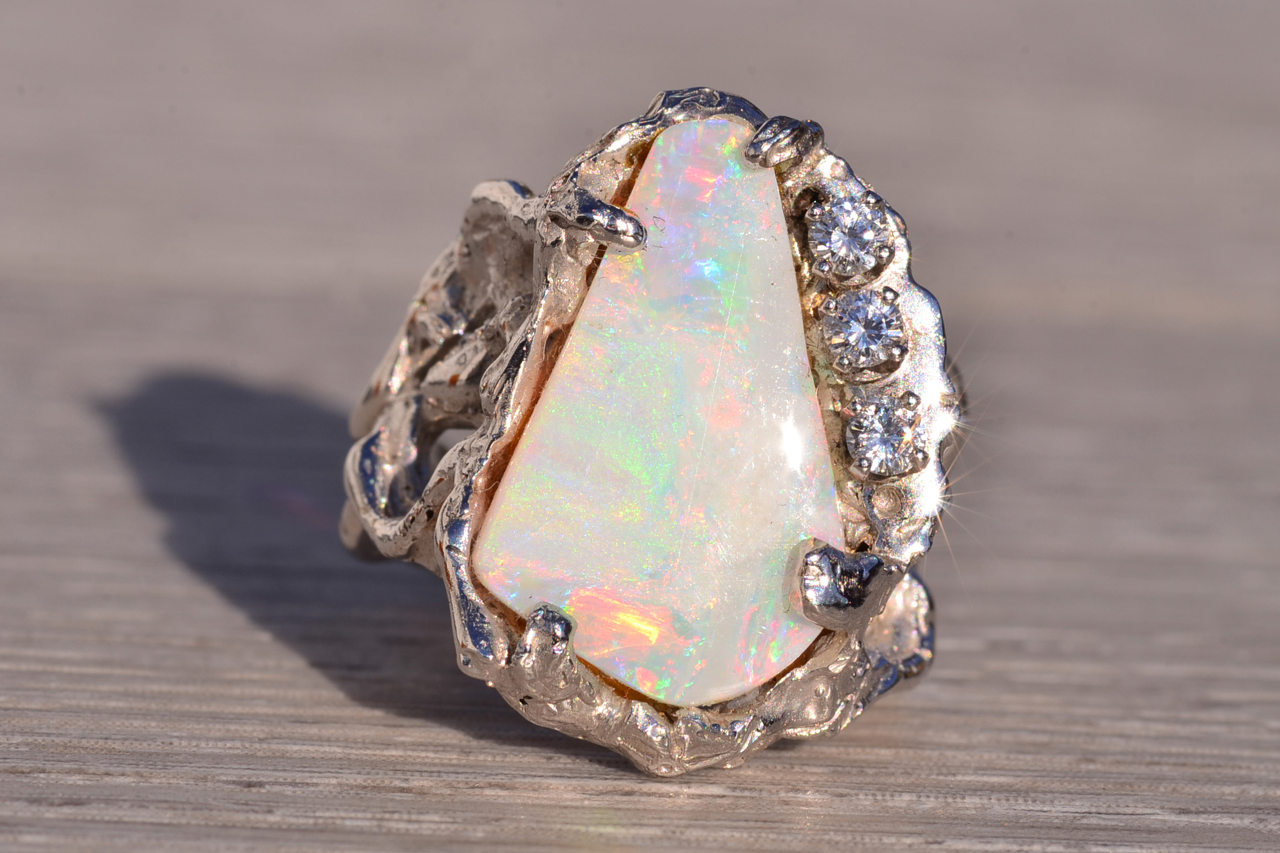 The 160th Avenue: Natural Australian Opal in Free Formed White Gold With Natural Diamonds - Image 7