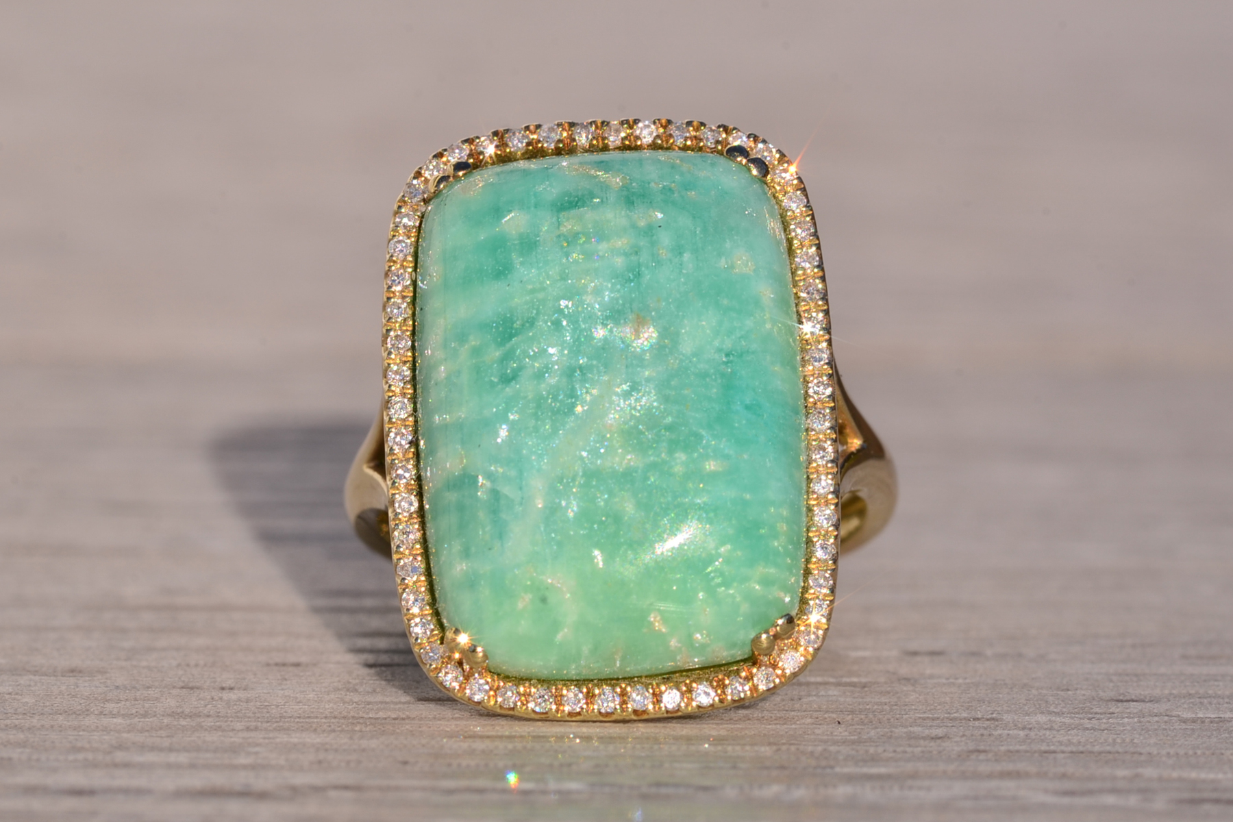 The 146th Avenue: Amazonite and Diamond Halo Ring in Yellow Gold - Image 2