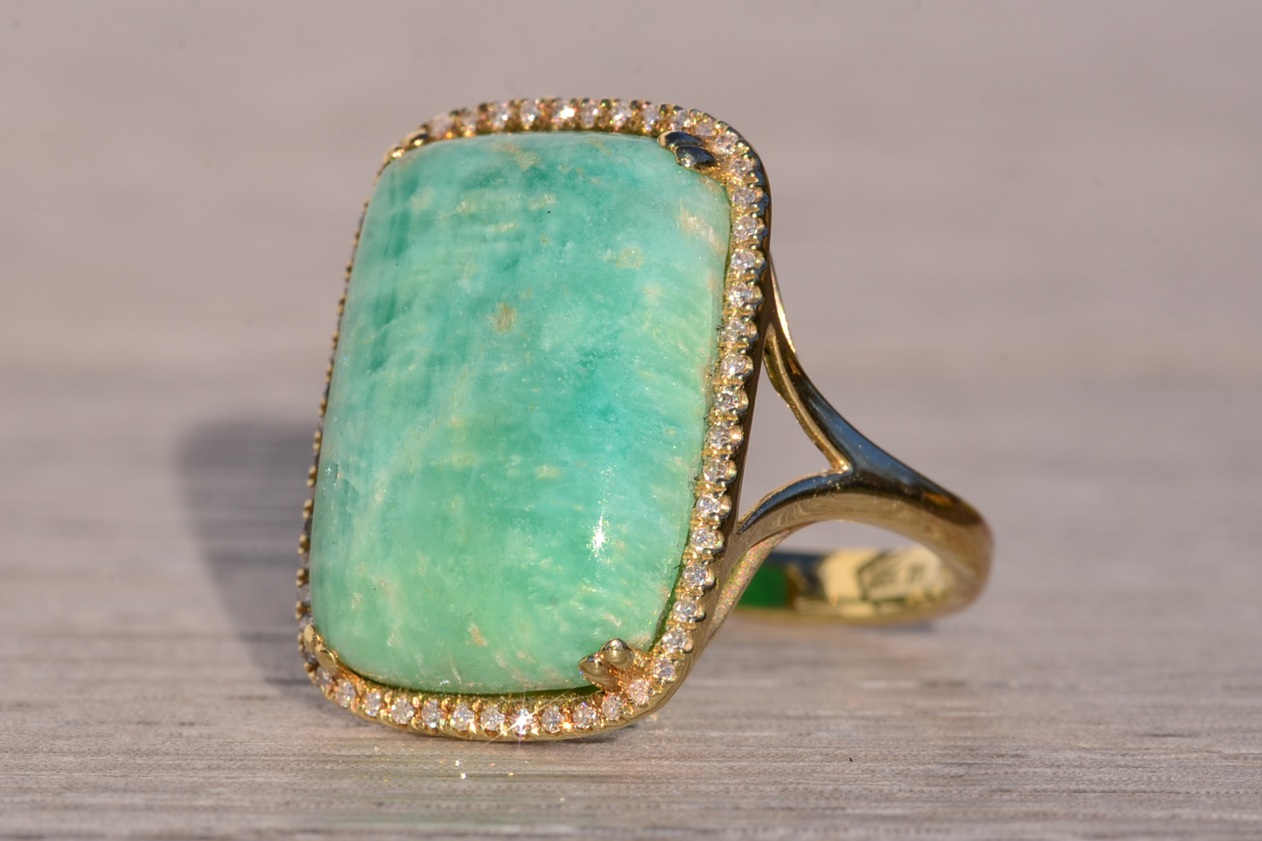 The 146th Avenue: Amazonite and Diamond Halo Ring in Yellow Gold - Image 3