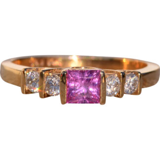 SOLD - The 170th Avenue:  Princess Cut Pink Sapphire and Natural Diamond Ring in Yellow Gold