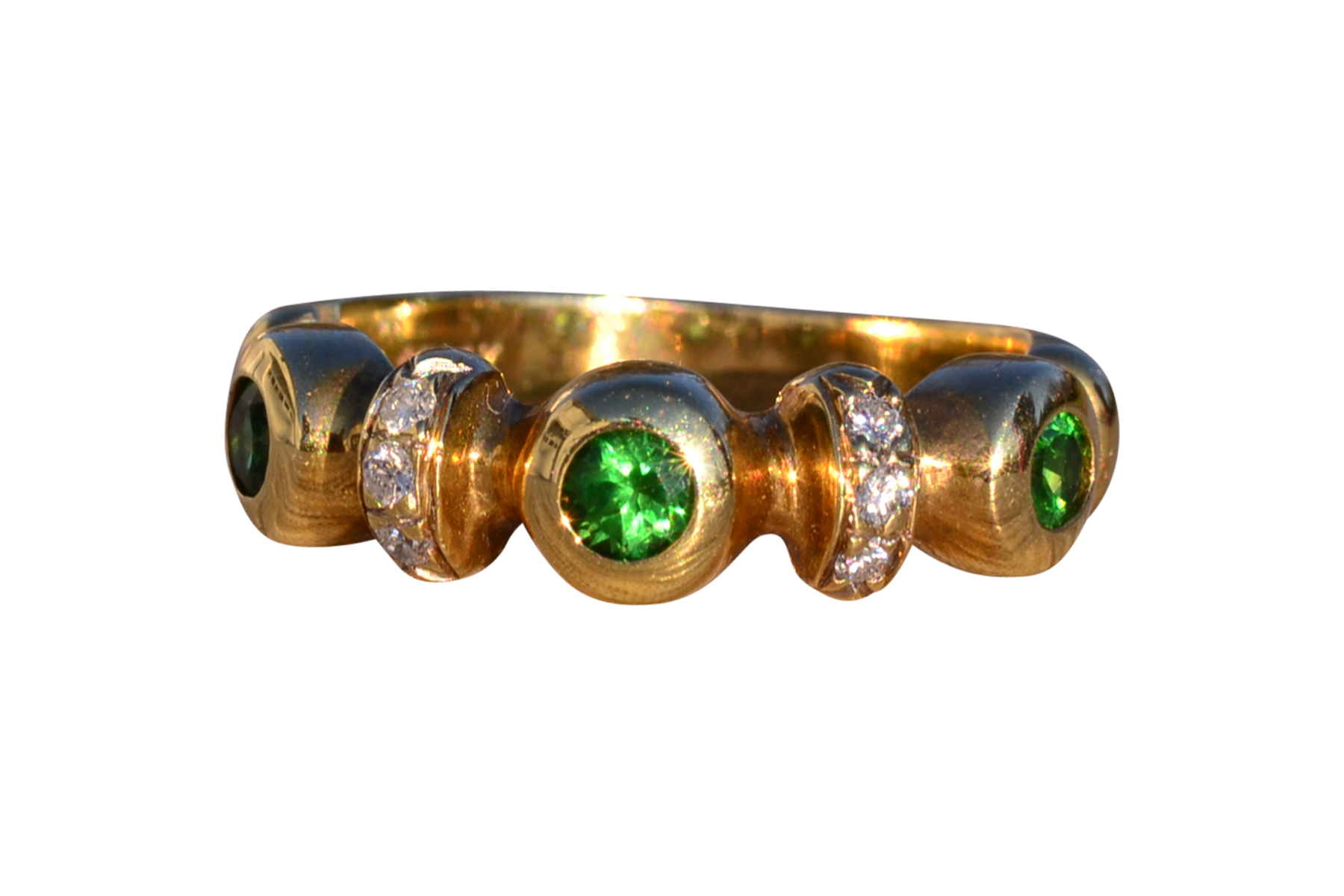 The 174th Avenue: Vintage Modernist Green Garnet and Natural Diamond Ring in Yellow Gold