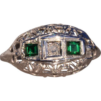 The 132nd Avenue: Antique Filigree Diamond and Emerald Ring in White Gold