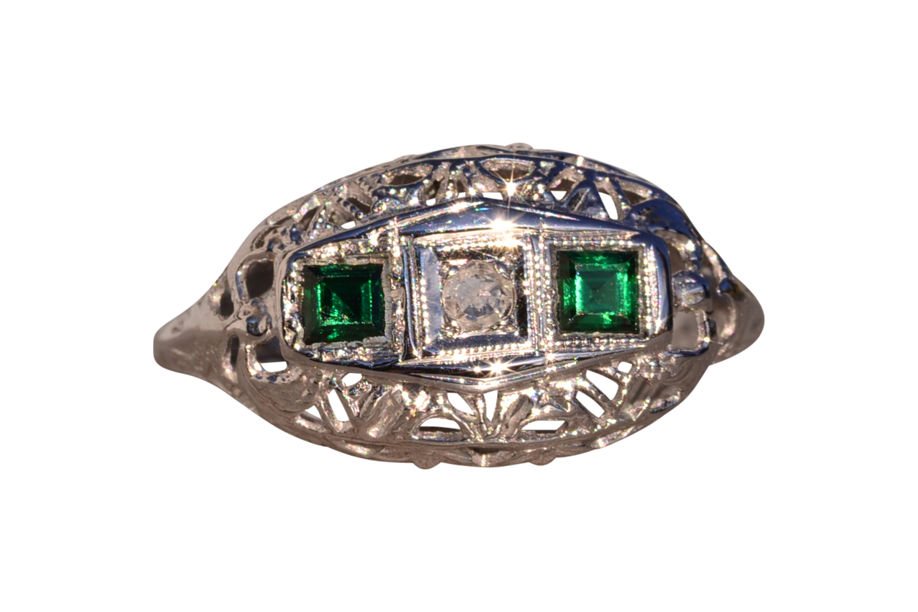 The 132nd Avenue: Antique Filigree Diamond and Emerald Ring in White Gold
