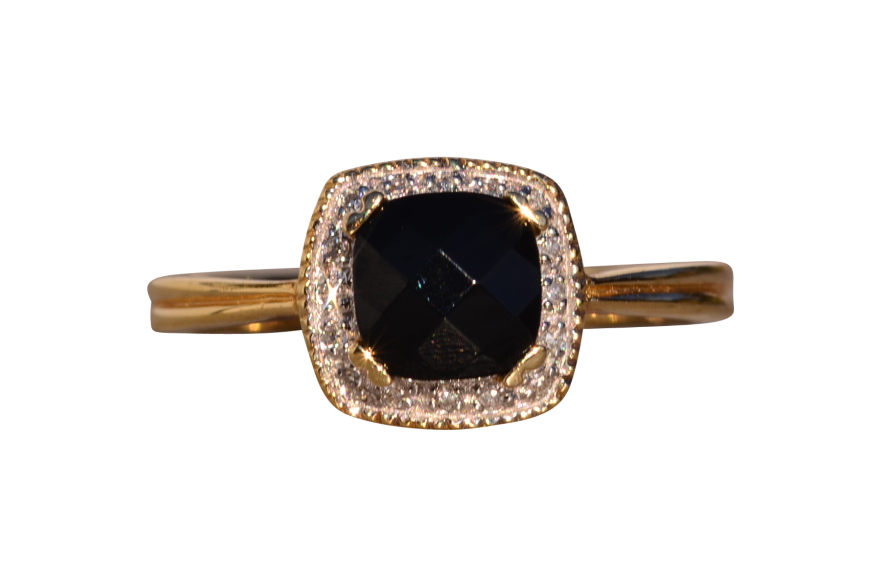 The 131st Avenue: Checkerboard Onyx and Natural Diamond Halo Ring in Yellow Gold