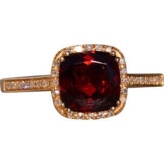 The 119th Avenue: Cushion Shaped Garnet and Natural Diamond Halo Ring in Yellow Gold