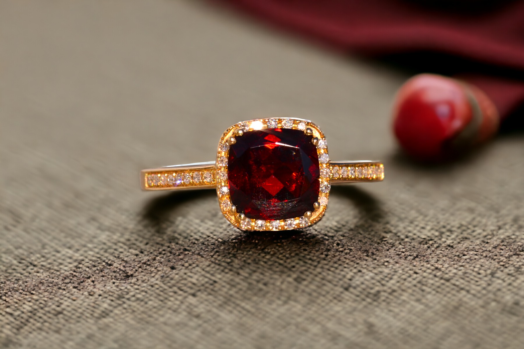 The 119th Avenue: Cushion Shaped Garnet and Natural Diamond Halo Ring in Yellow Gold - Image 11