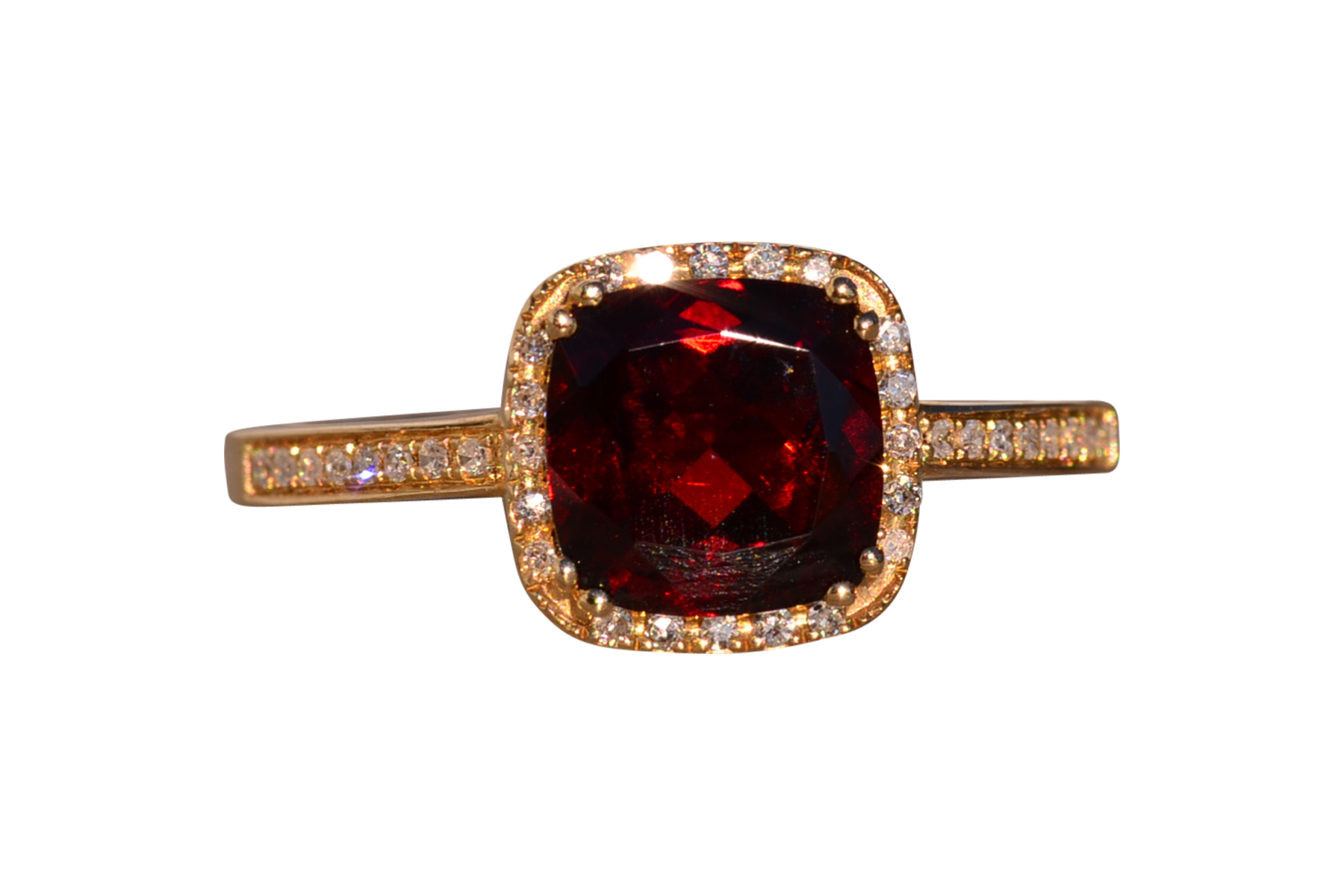 The 119th Avenue: Cushion Shaped Garnet and Natural Diamond Halo Ring in Yellow Gold