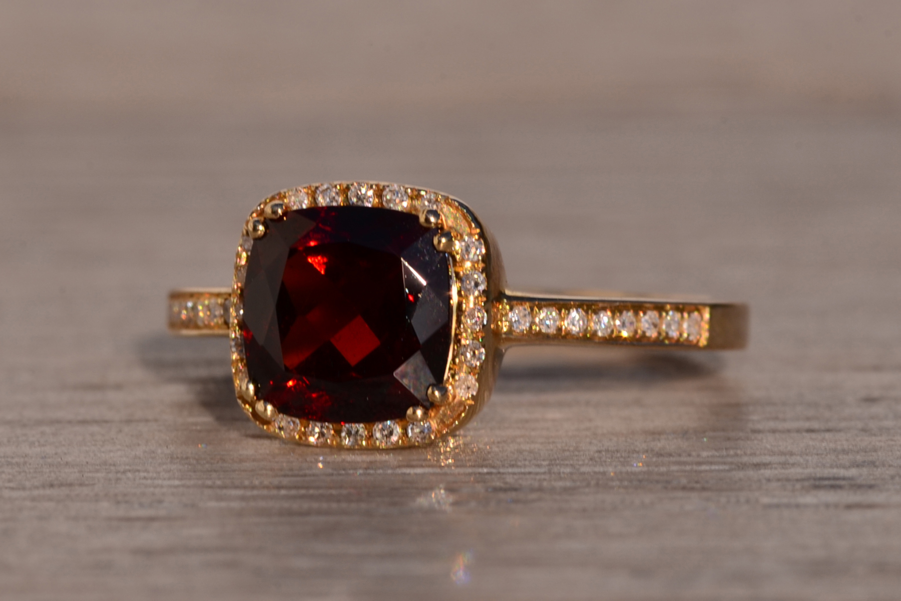 The 119th Avenue: Cushion Shaped Garnet and Natural Diamond Halo Ring in Yellow Gold - Image 3