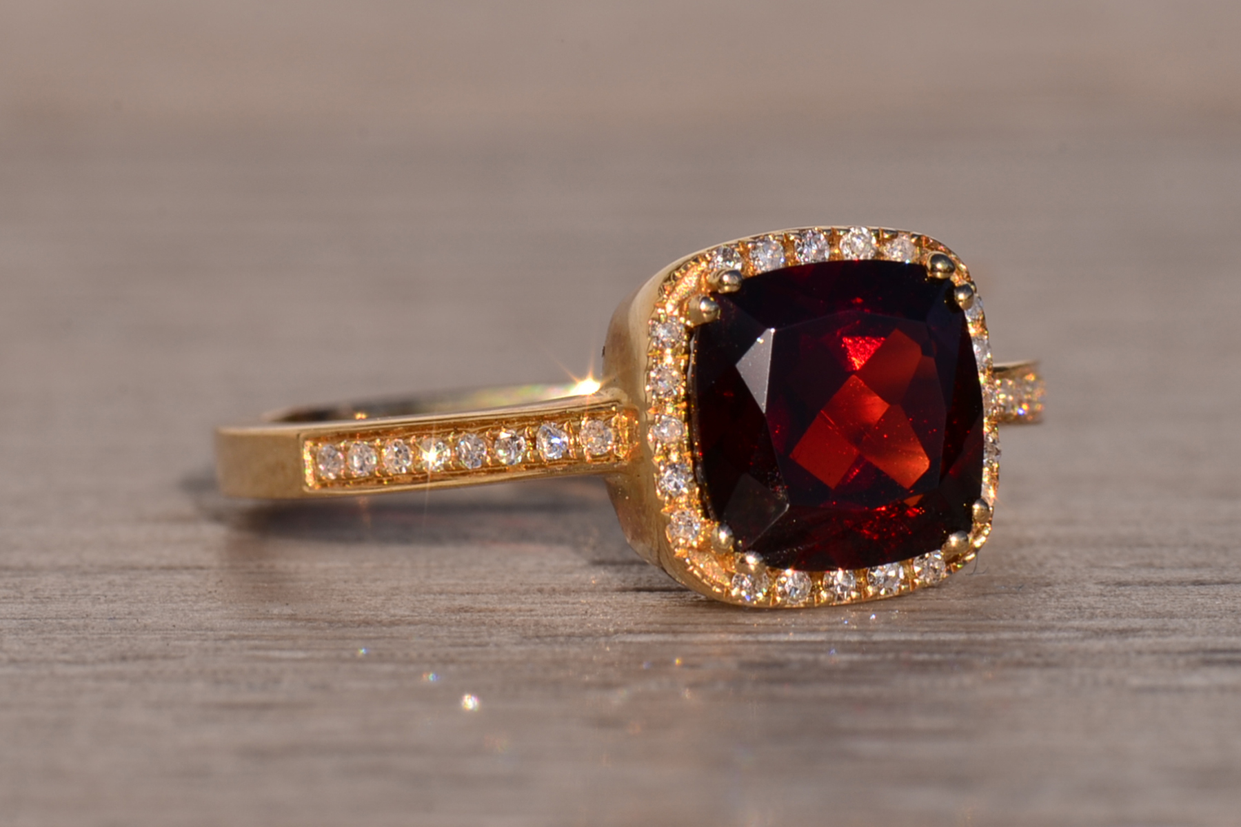 The 119th Avenue: Cushion Shaped Garnet and Natural Diamond Halo Ring in Yellow Gold - Image 6