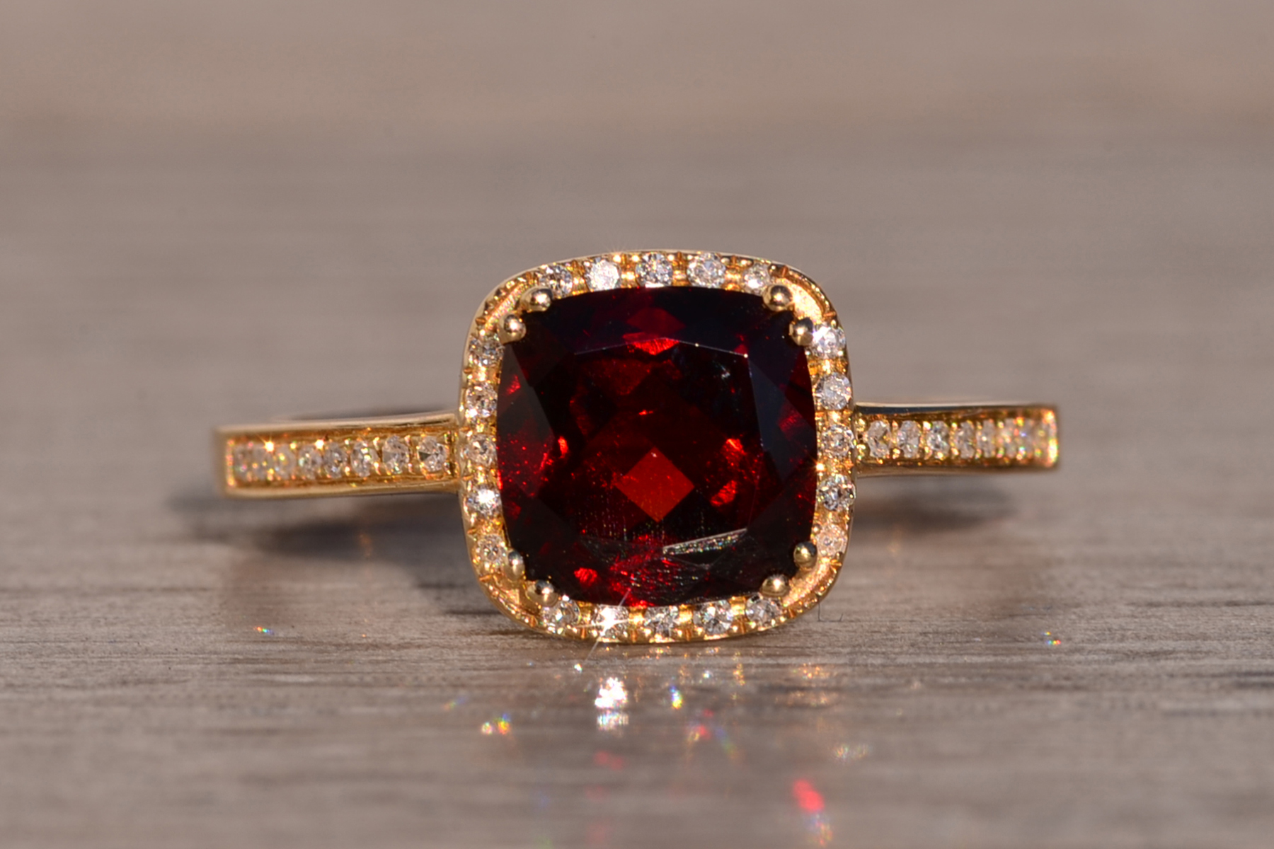 The 119th Avenue: Cushion Shaped Garnet and Natural Diamond Halo Ring in Yellow Gold - Image 7