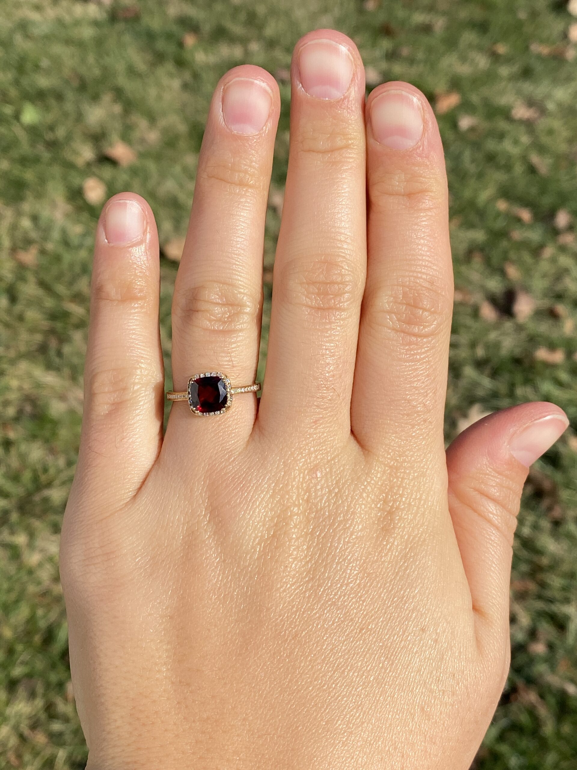 The 119th Avenue: Cushion Shaped Garnet and Natural Diamond Halo Ring in Yellow Gold - Image 8