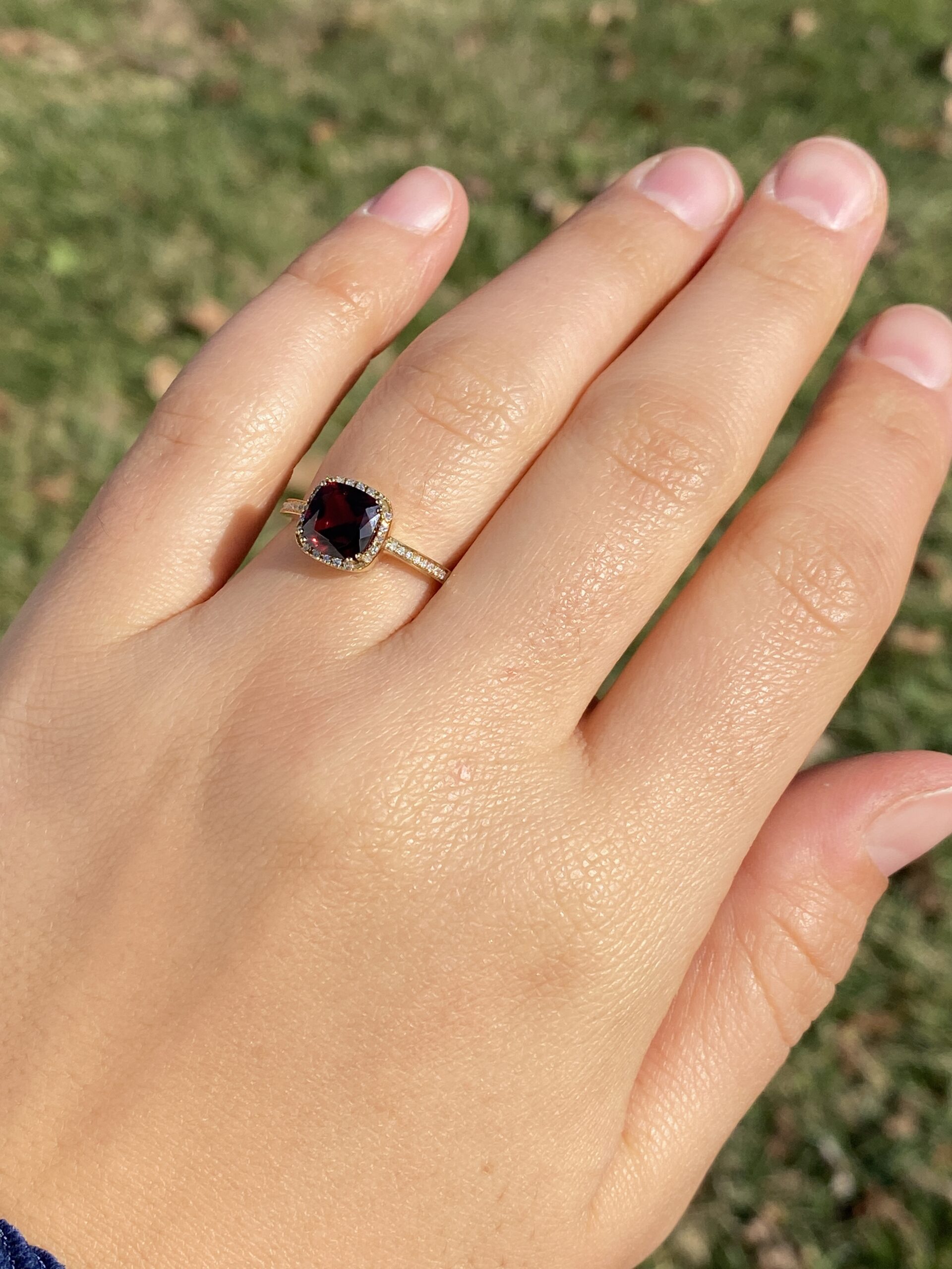 The 119th Avenue: Cushion Shaped Garnet and Natural Diamond Halo Ring in Yellow Gold - Image 9