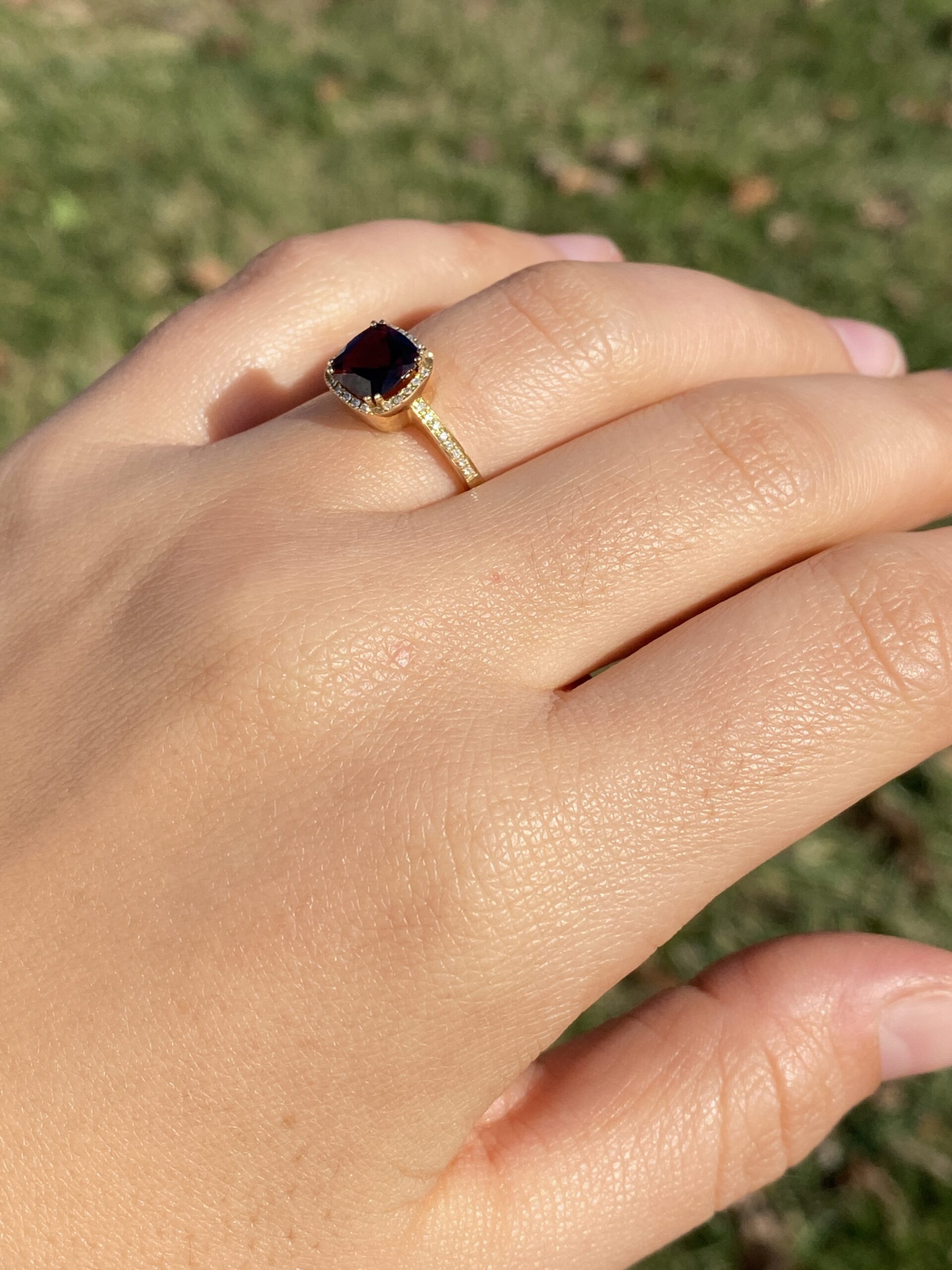 The 119th Avenue: Cushion Shaped Garnet and Natural Diamond Halo Ring in Yellow Gold - Image 10