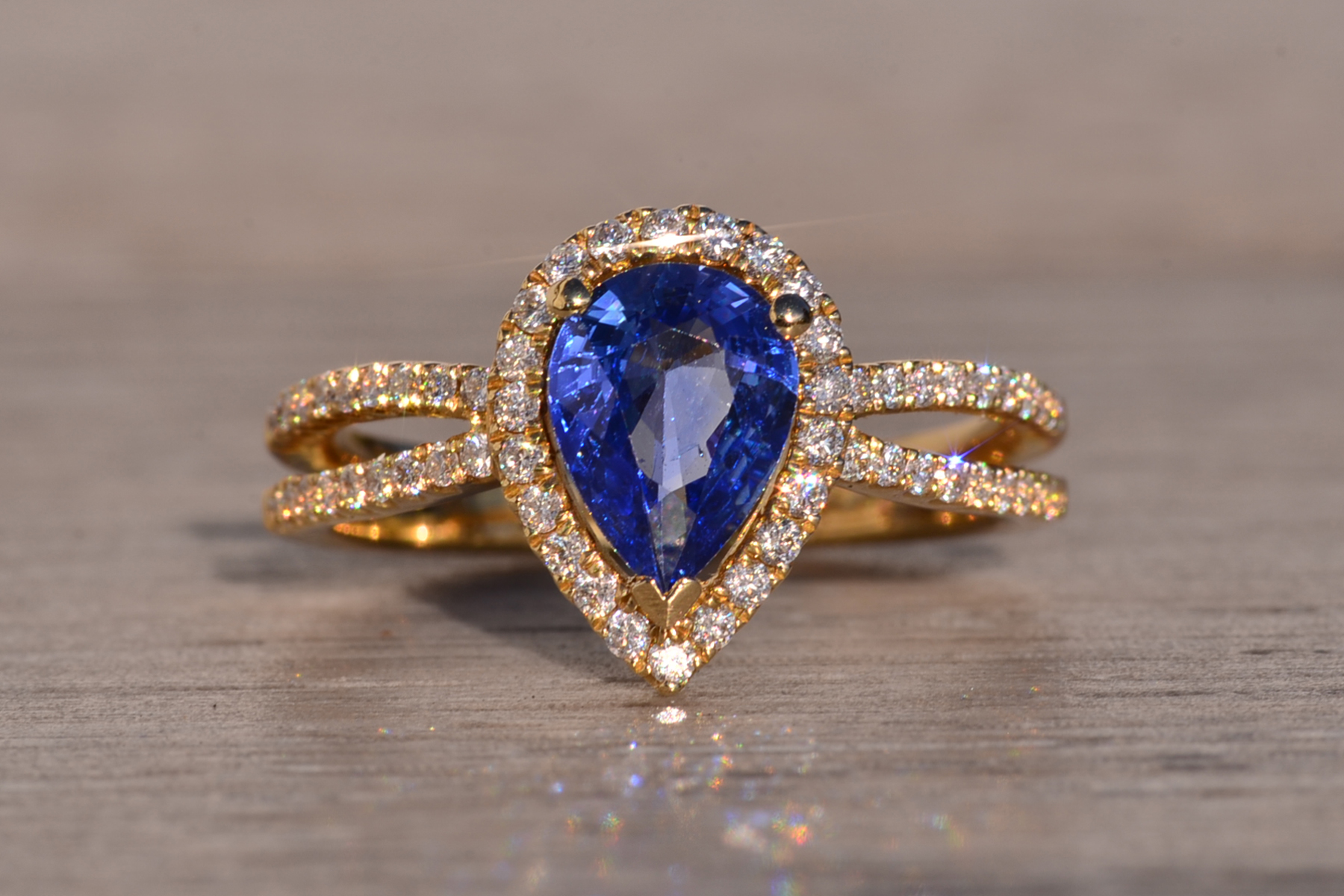 The 126th Avenue: Pear Shaped Tanzanite and Natural Diamond Ring in Yellow Gold - Image 2