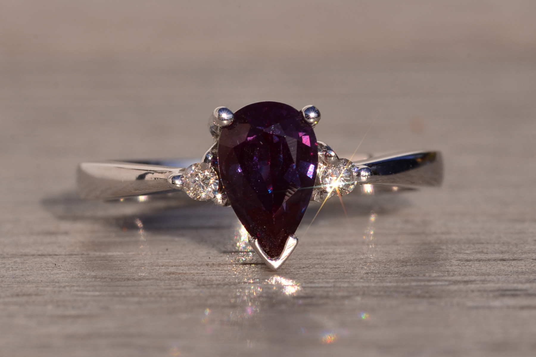 The 133rd Avenue: Pear Shaped Lab Alexandrite and Natural Diamond Ring in White Gold - Image 2