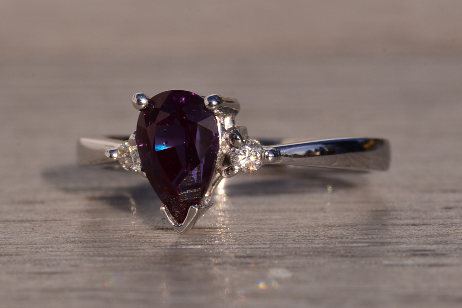 The 133rd Avenue: Pear Shaped Lab Alexandrite and Natural Diamond Ring in White Gold - Image 3