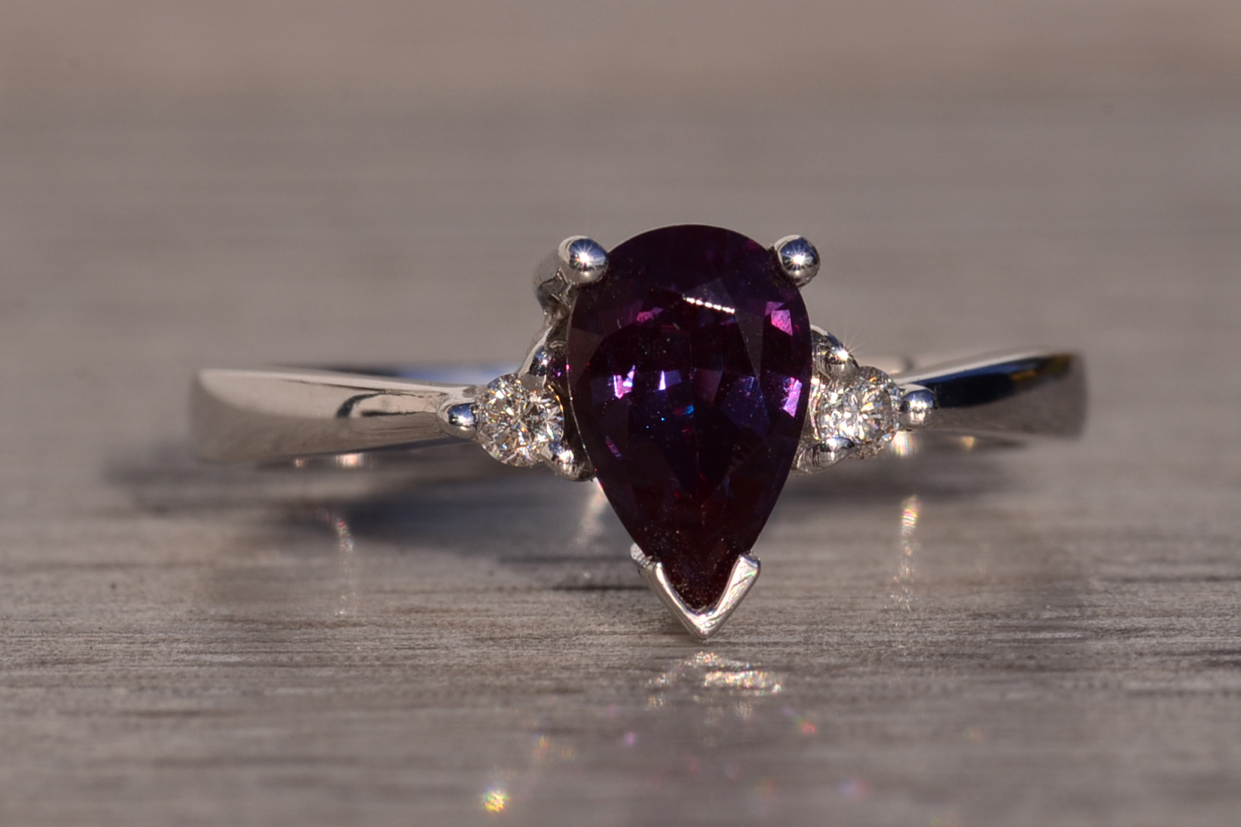 The 133rd Avenue: Pear Shaped Lab Alexandrite and Natural Diamond Ring in White Gold - Image 7