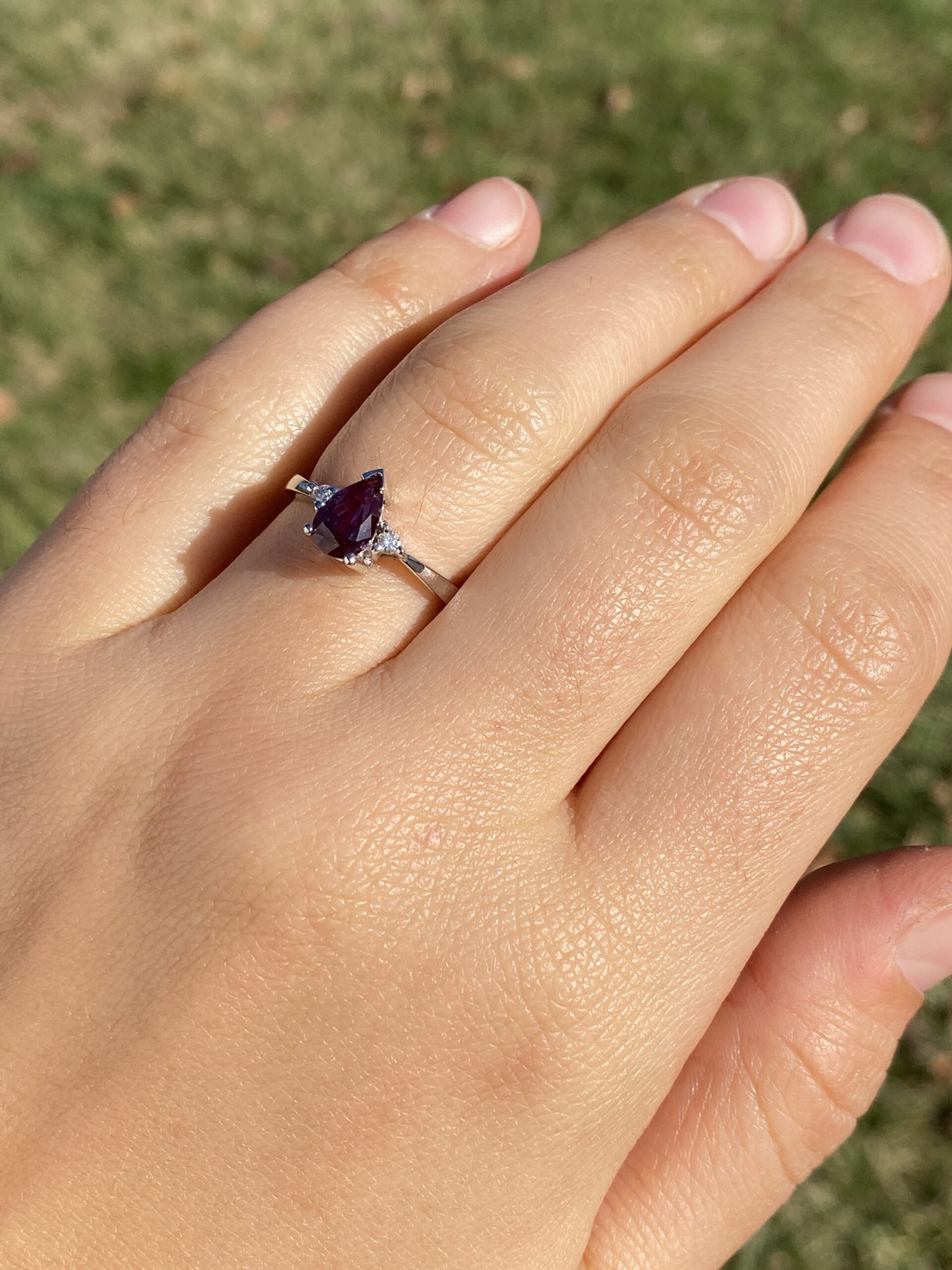 The 133rd Avenue: Pear Shaped Lab Alexandrite and Natural Diamond Ring in White Gold - Image 9