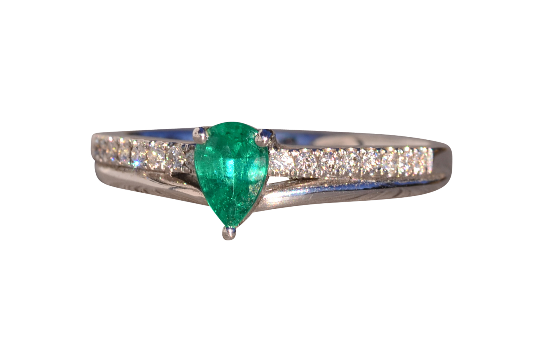 The 175th Avenue: Pear Shaped Natural Emerald and Diamond Ring in White Gold