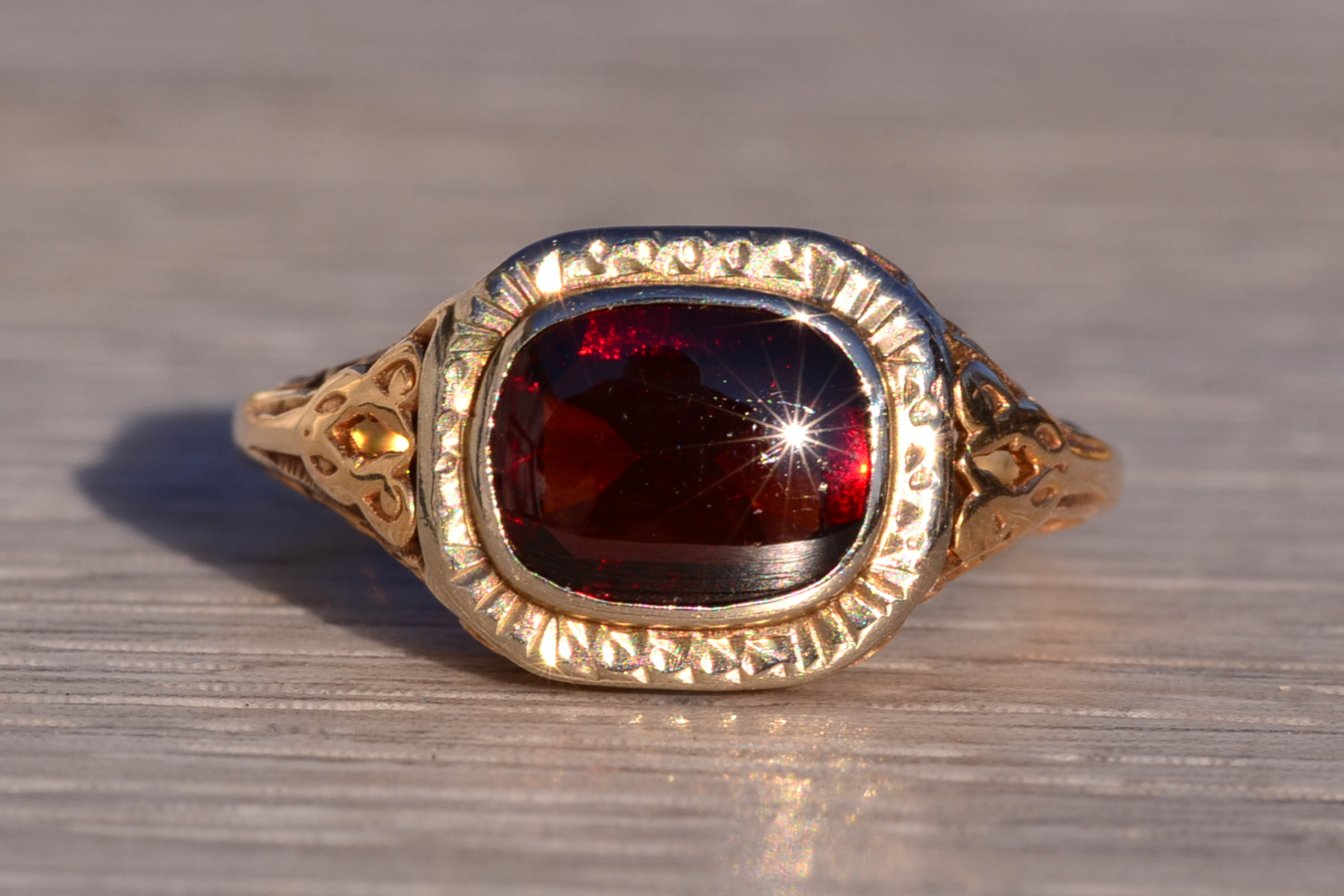 SOLD - The 177th Avenue: Antique Filigree Garnet Ring in Yellow Gold - Image 2