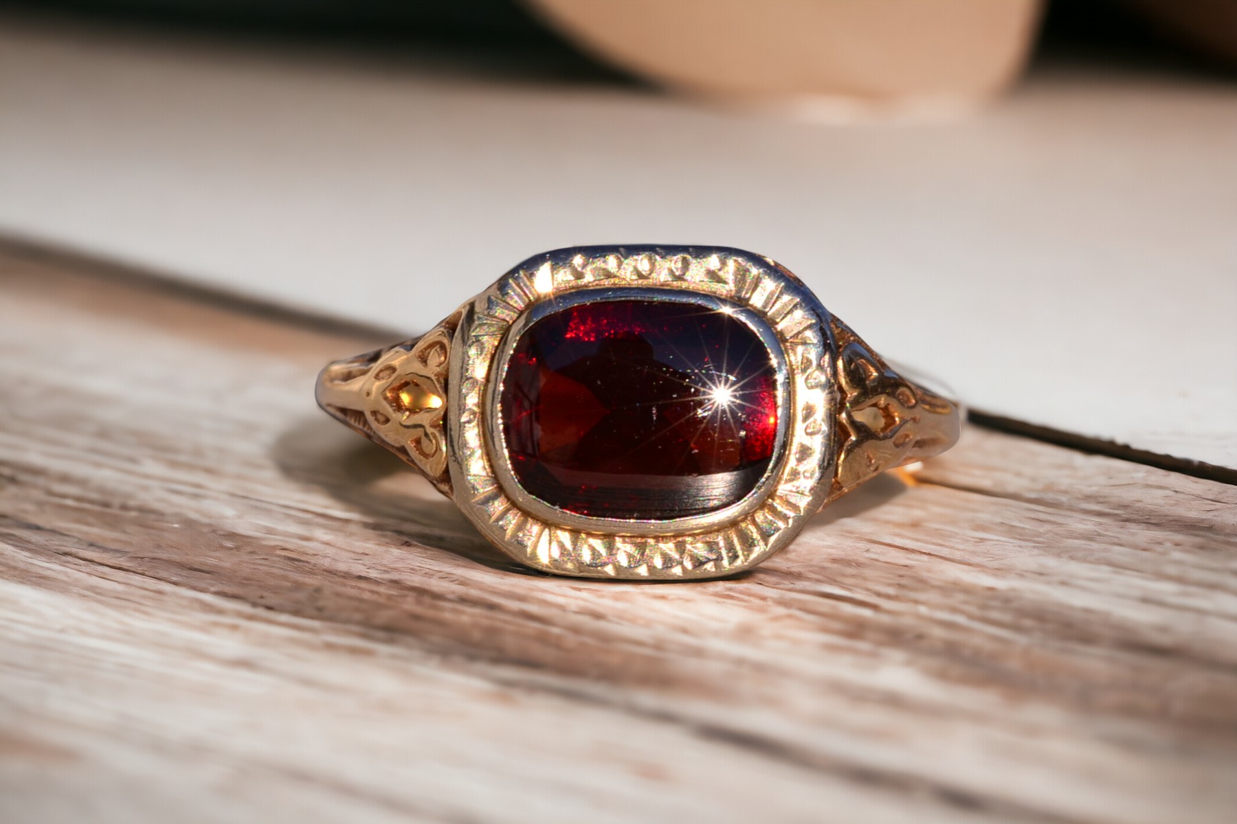 SOLD - The 177th Avenue: Antique Filigree Garnet Ring in Yellow Gold - Image 11