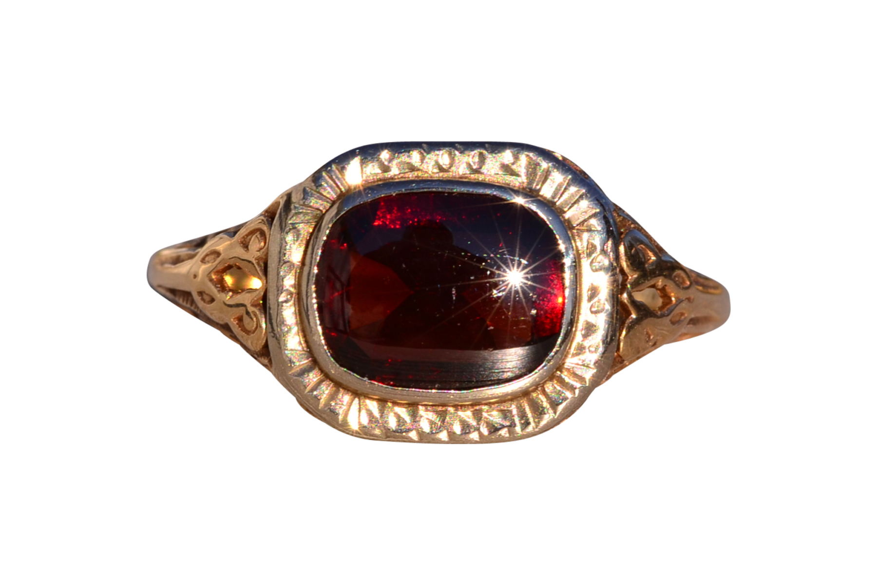 SOLD - The 177th Avenue: Antique Filigree Garnet Ring in Yellow Gold