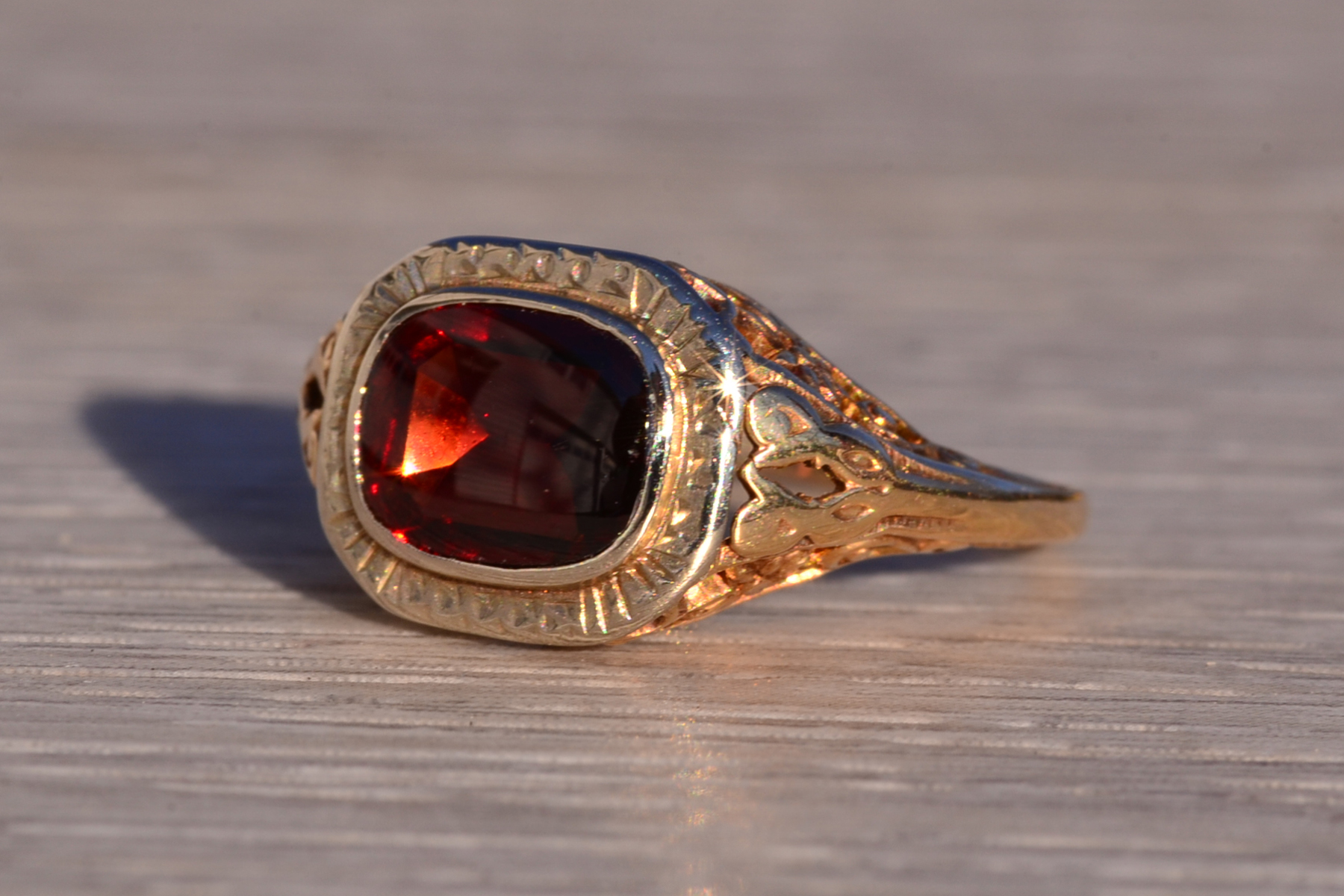 SOLD - The 177th Avenue: Antique Filigree Garnet Ring in Yellow Gold - Image 3