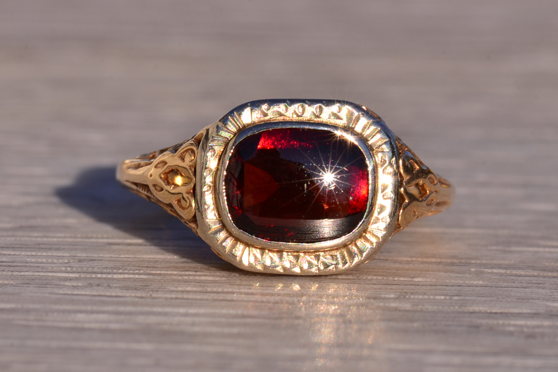 SOLD - The 177th Avenue: Antique Filigree Garnet Ring in Yellow Gold - Image 7