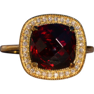 The 179th Avenue: Checkerboard Cut Garnet and Natural Diamond Halo Ring in Yellow Gold